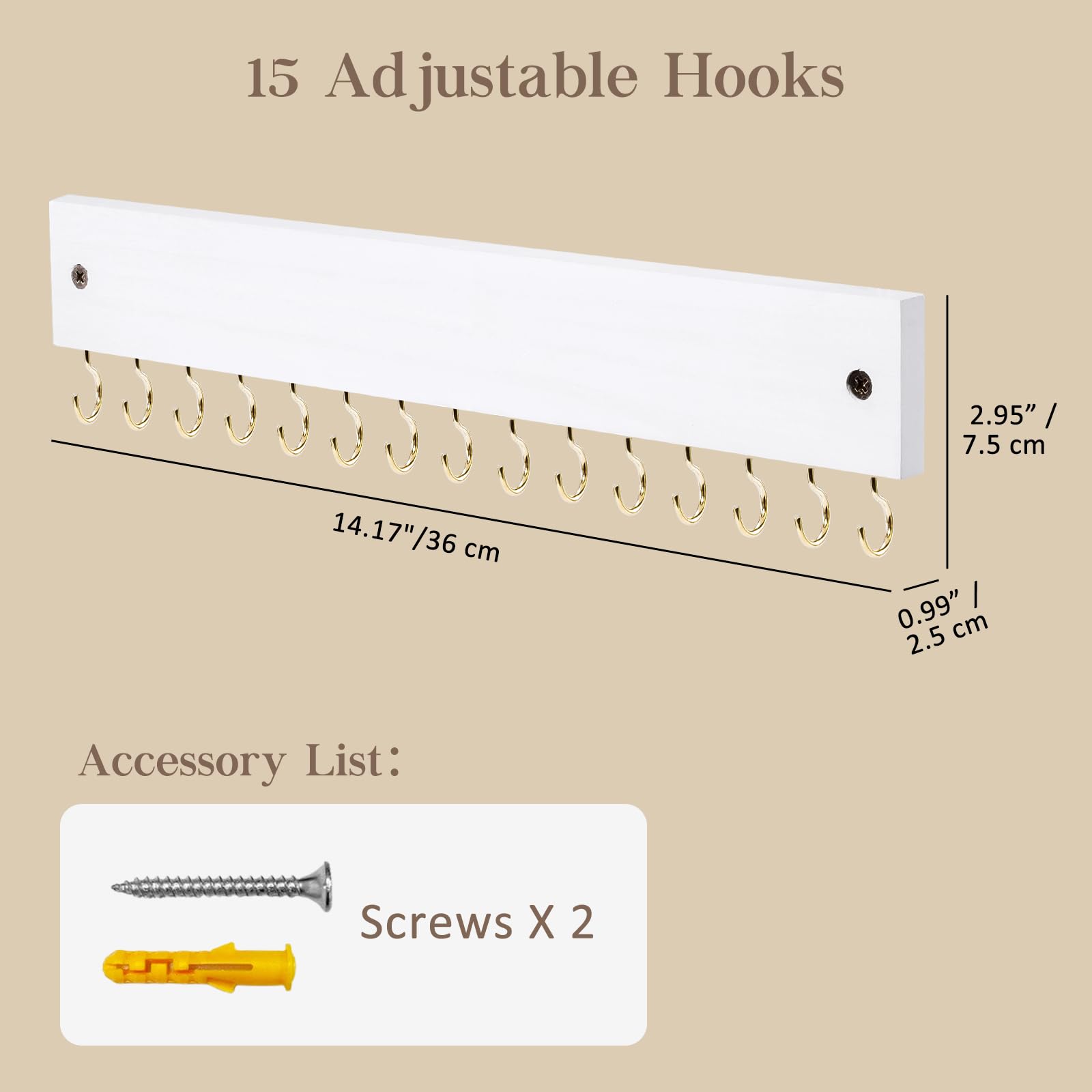 Wall Mount Wooden Necklace Organizer with 15 Hooks