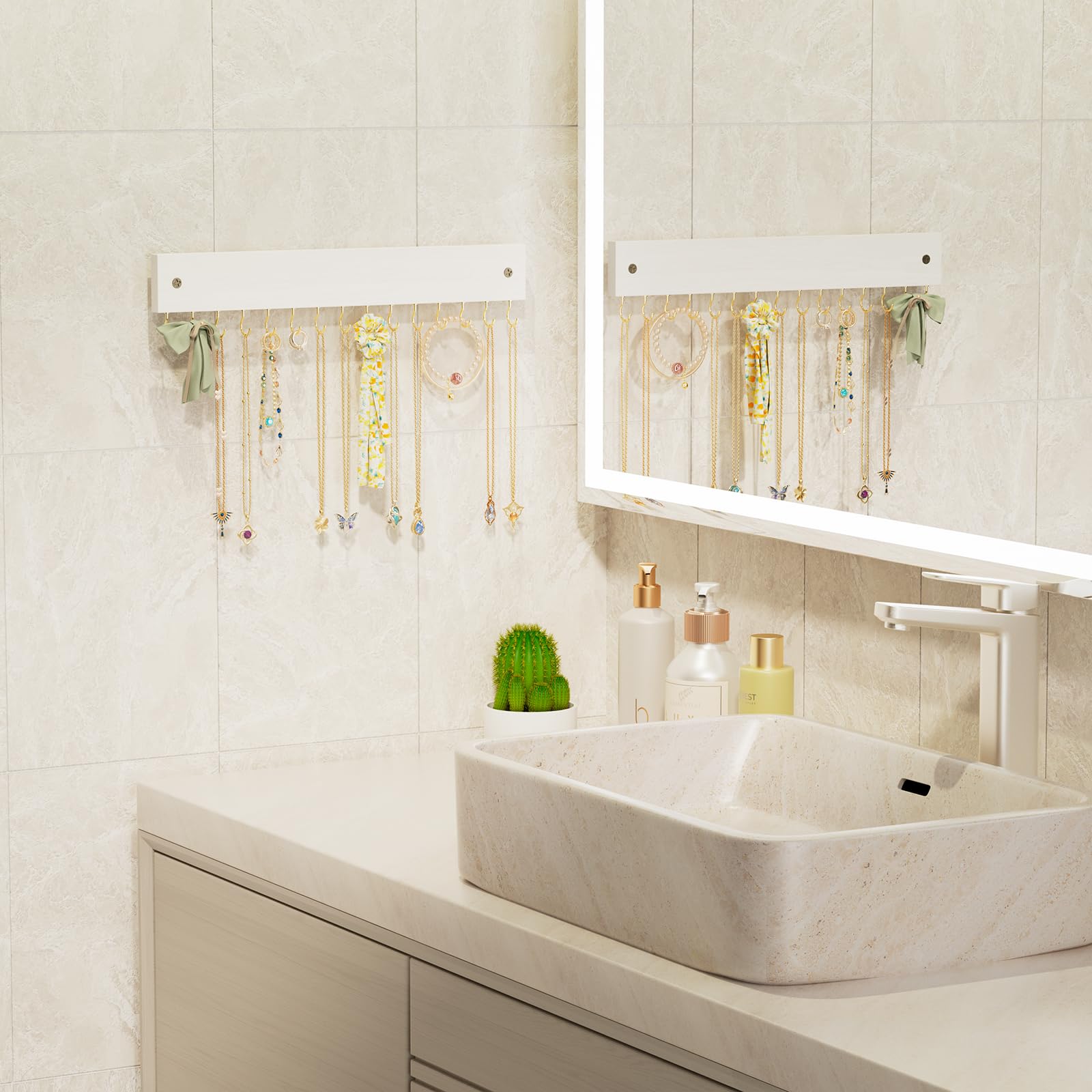 Wall Mount Wooden Necklace Organizer with 15 Hooks