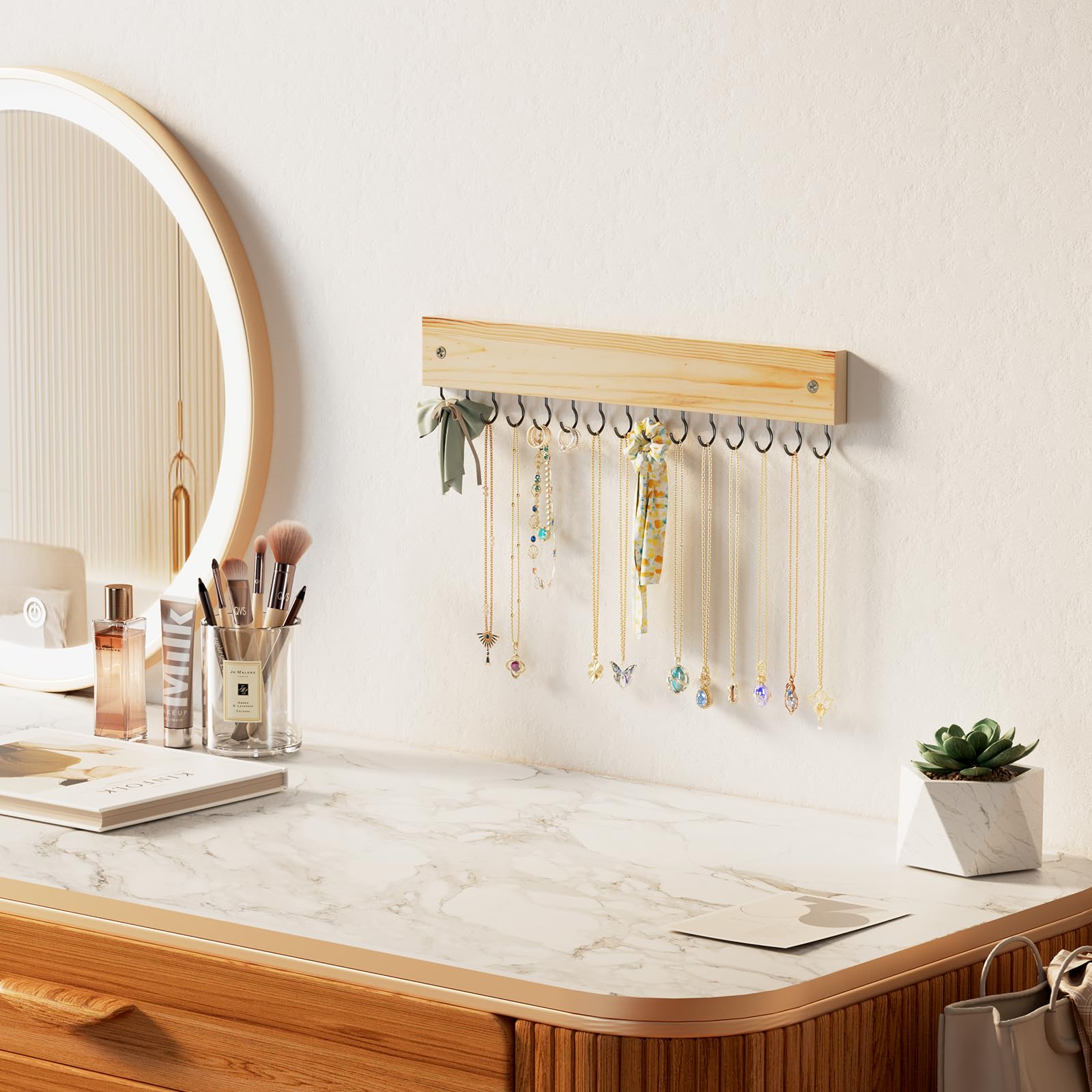 Wall Mount Wooden Necklace Organizer with 15 Hooks