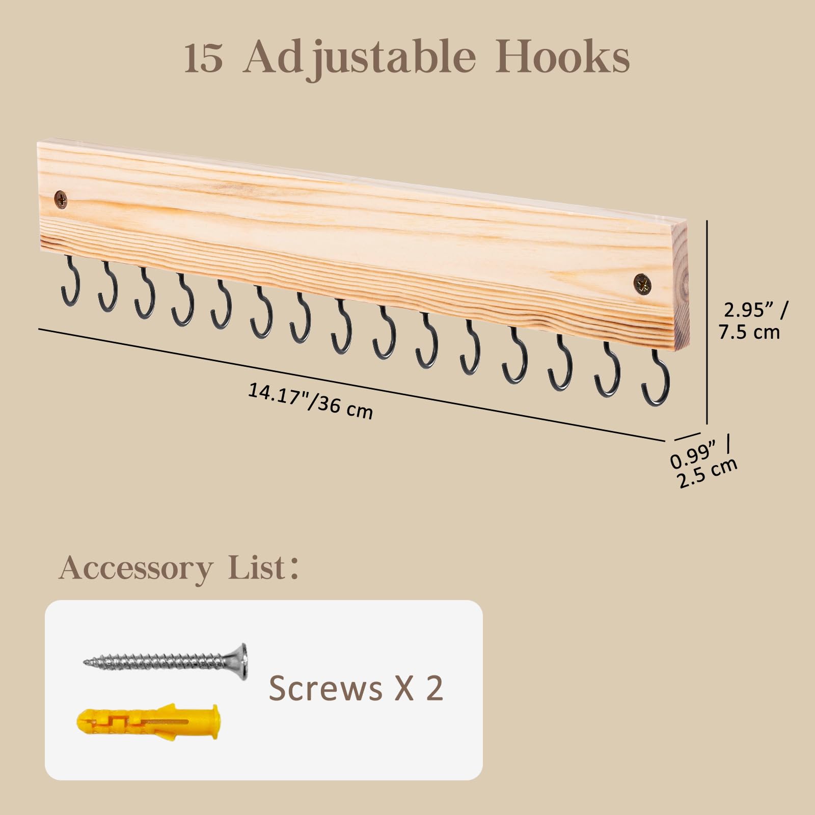 Wall Mount Wooden Necklace Organizer with 15 Hooks