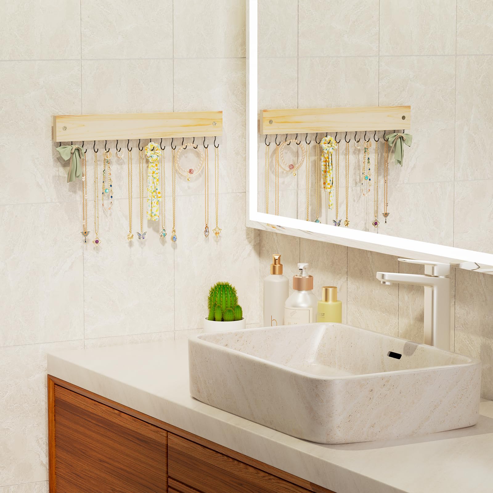 Wall Mount Wooden Necklace Organizer with 15 Hooks