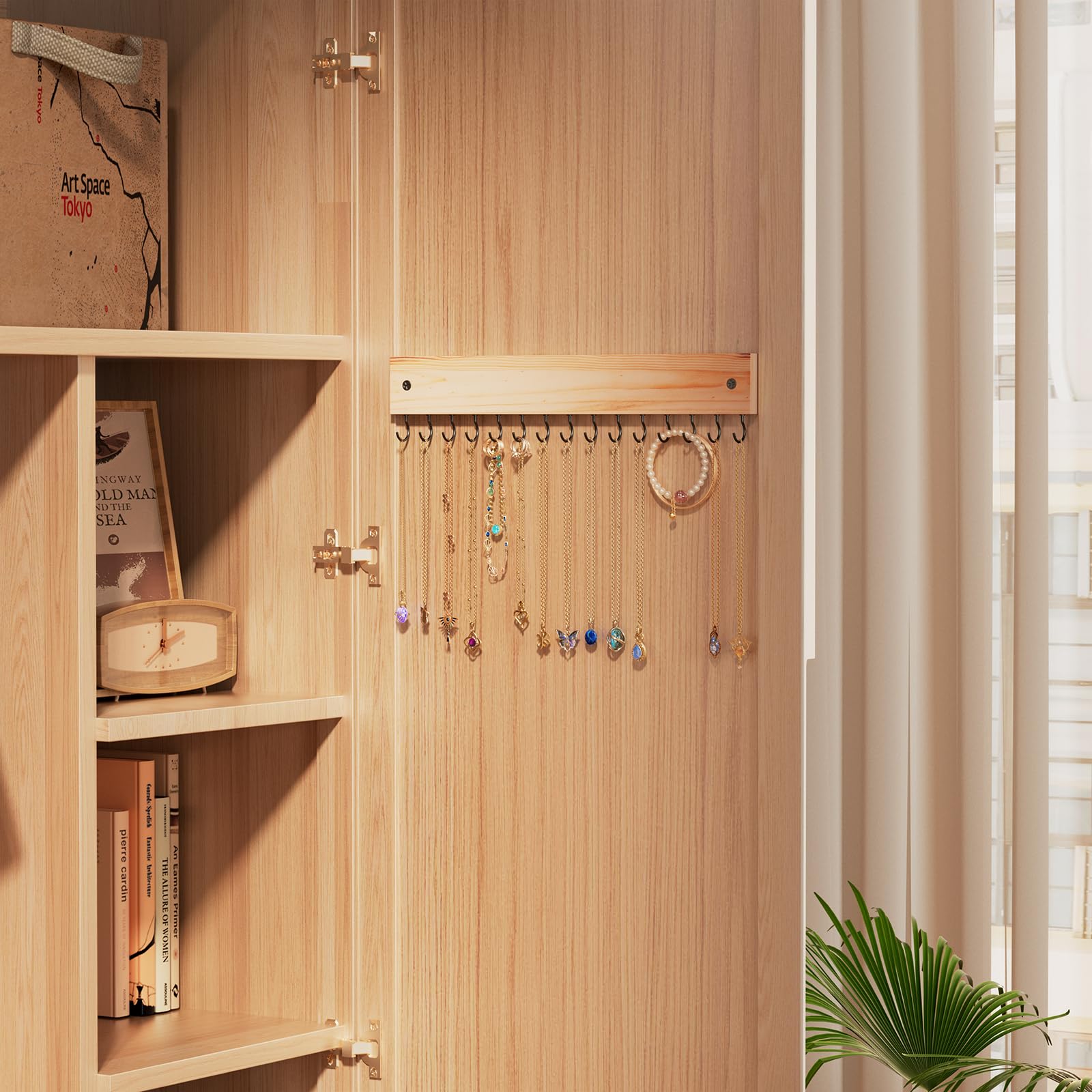 Wall Mount Wooden Necklace Organizer with 15 Hooks