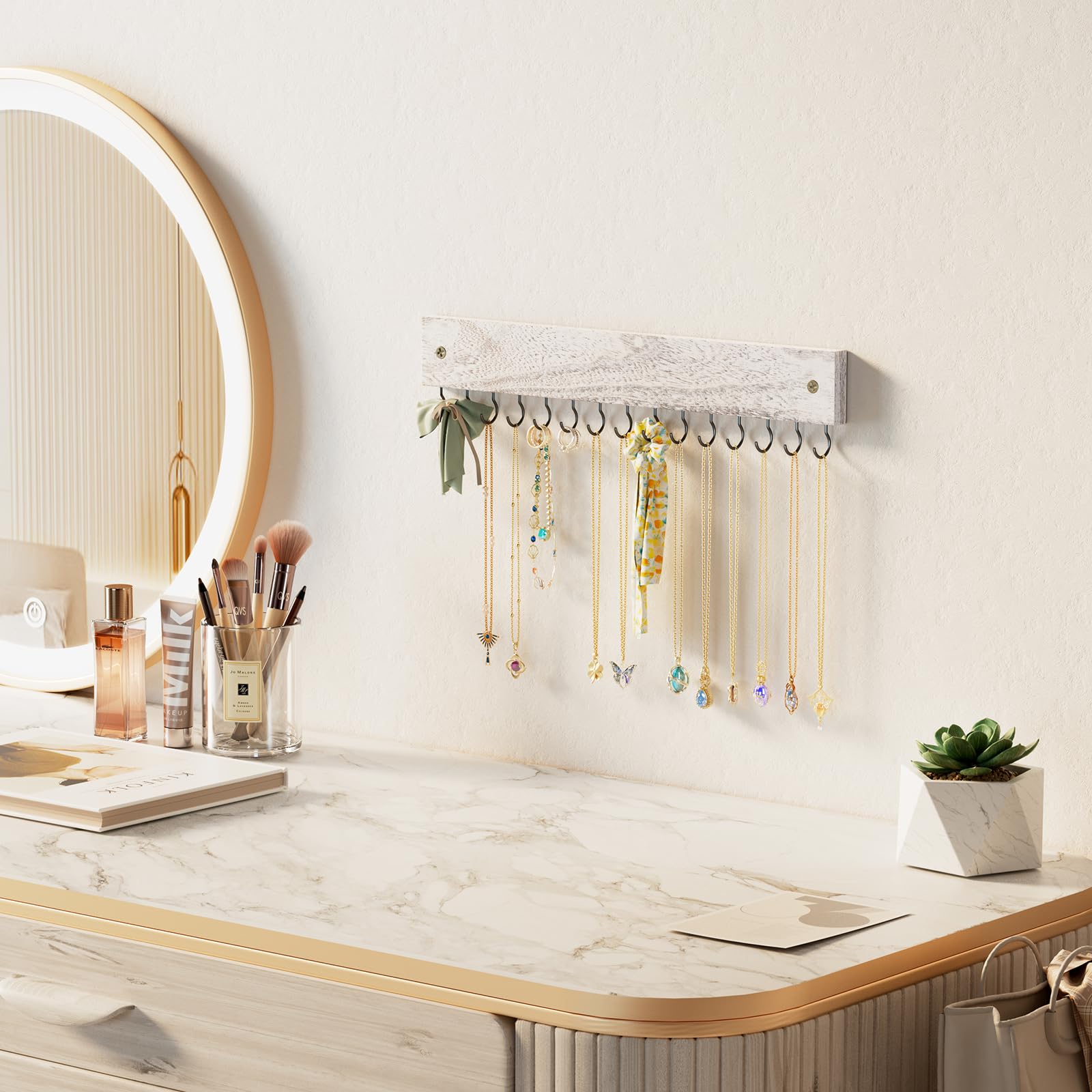 Wall Mount Wooden Necklace Organizer with 15 Hooks