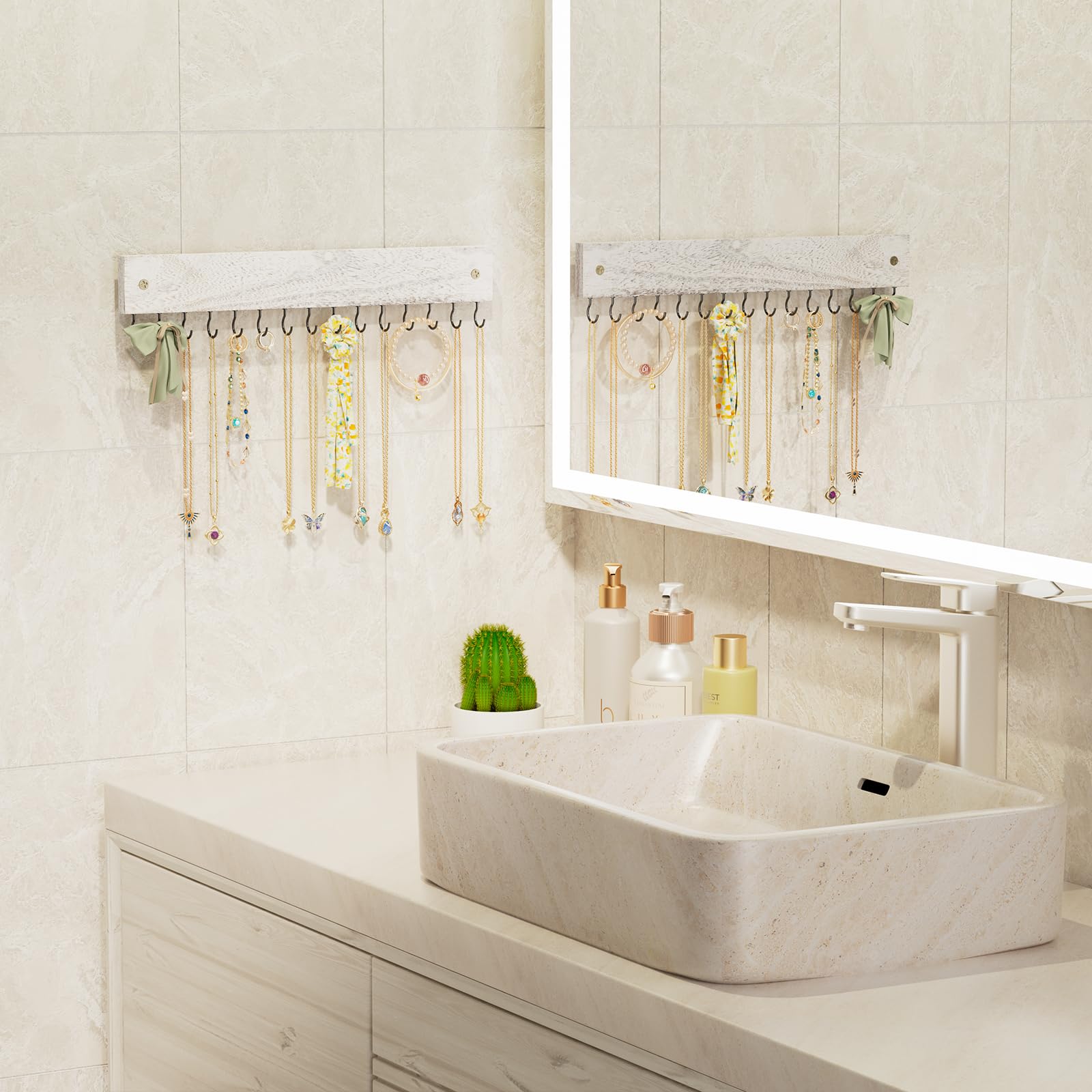 Wall Mount Wooden Necklace Organizer with 15 Hooks