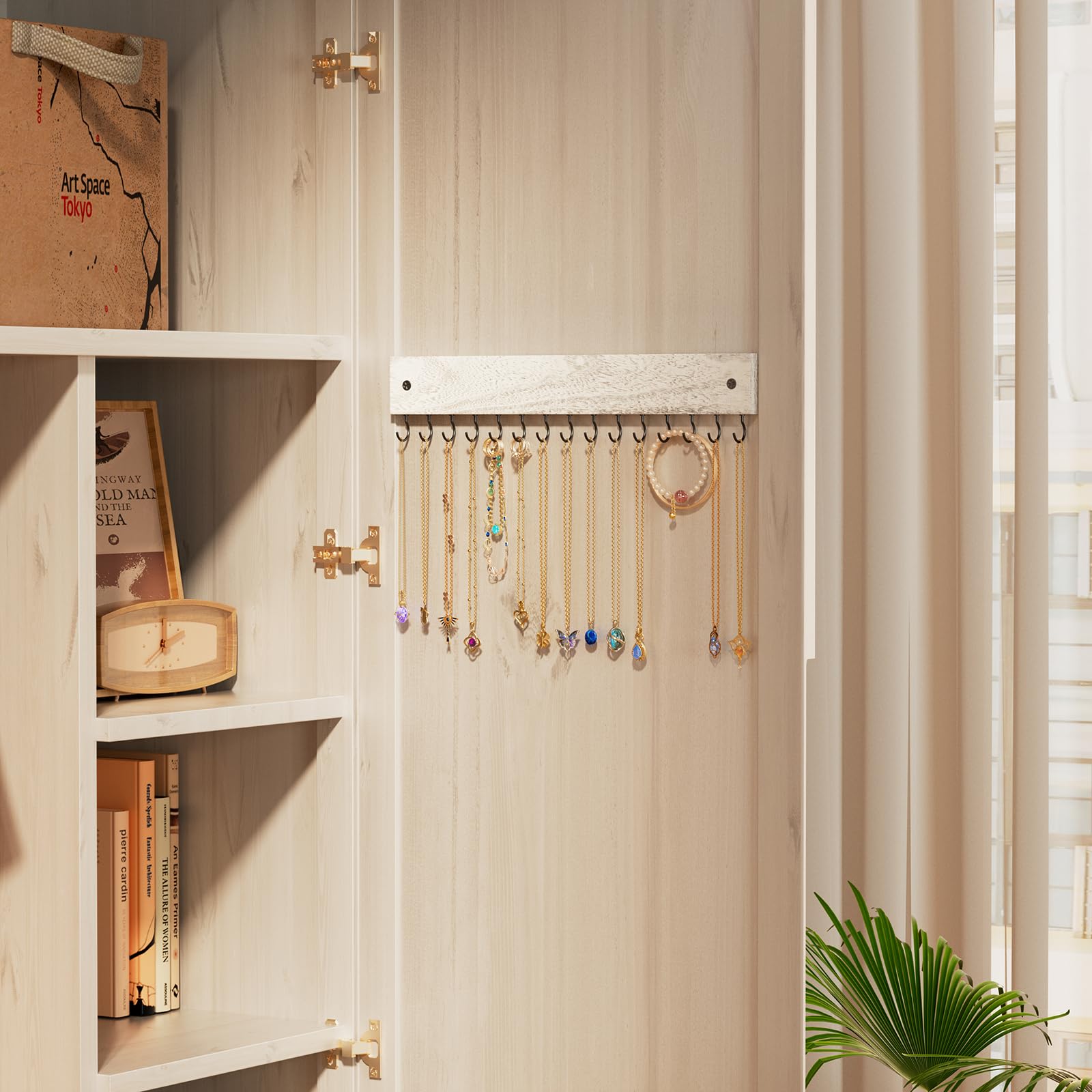 Wall Mount Wooden Necklace Organizer with 15 Hooks