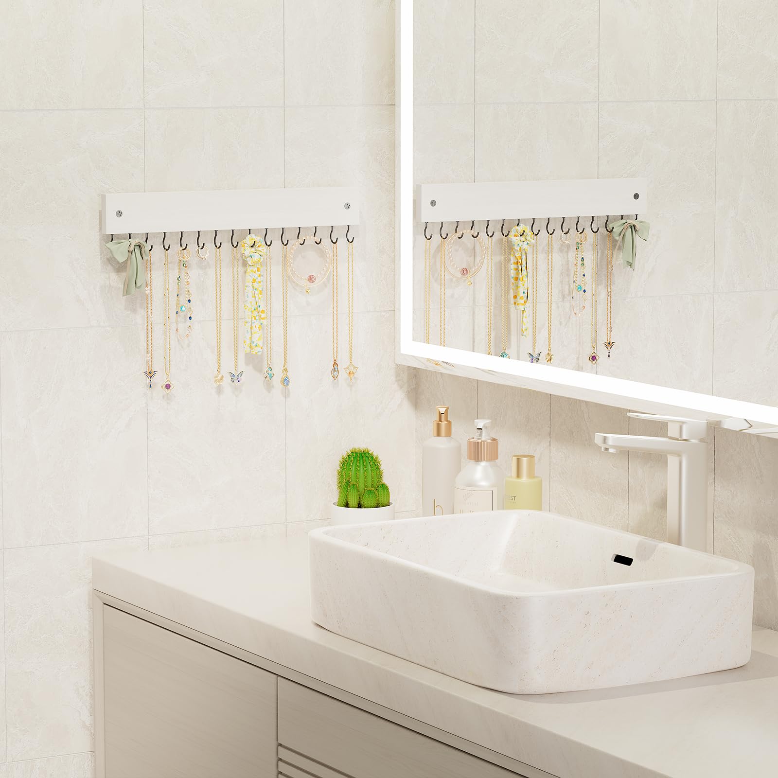 Wall Mount Wooden Necklace Organizer with 15 Hooks