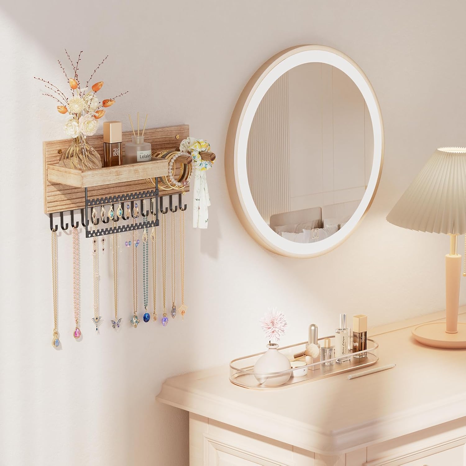 Wall Mounted Hanging Jewelry Organizer with Storage Shelf