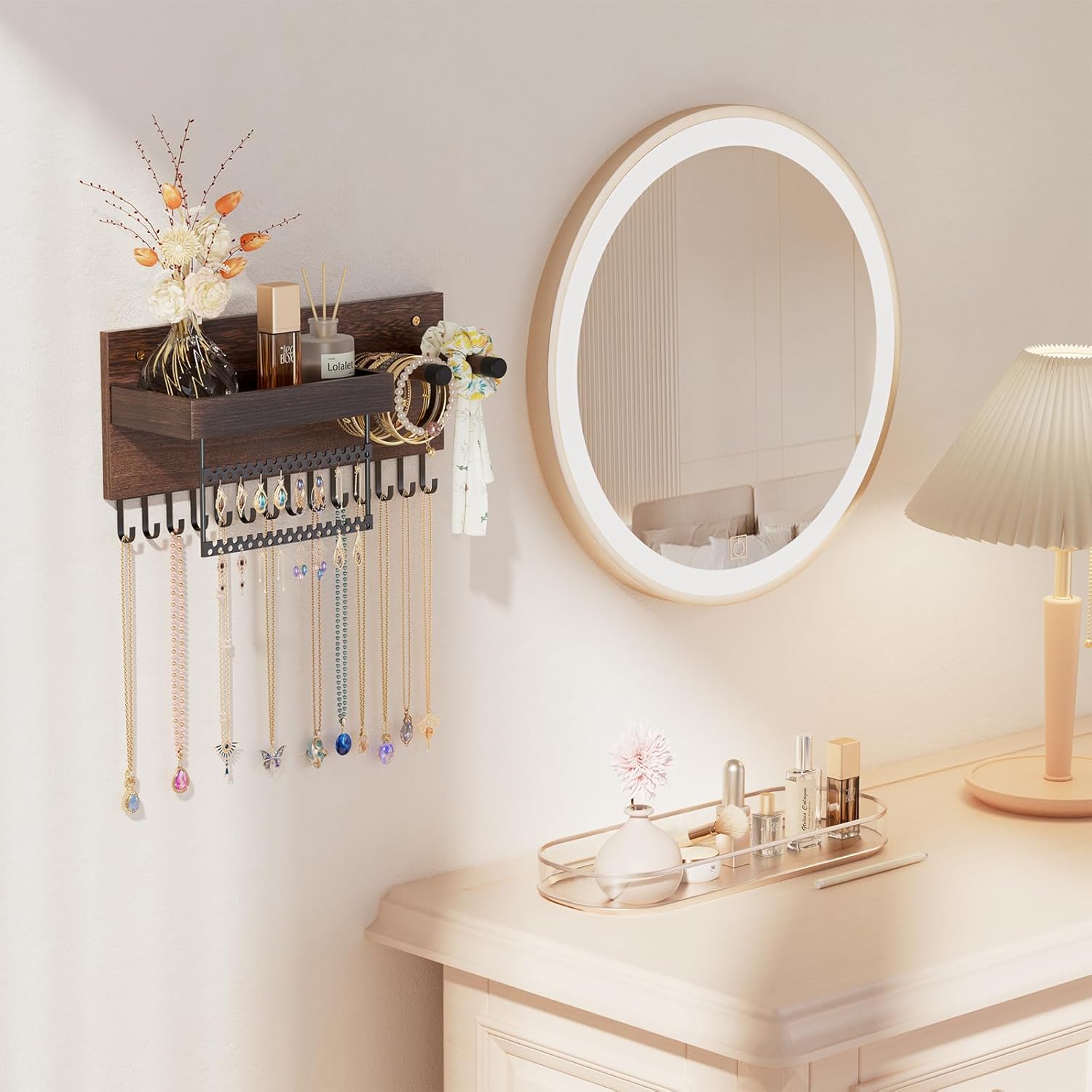 Wall Mounted Hanging Jewelry Organizer with Storage Shelf