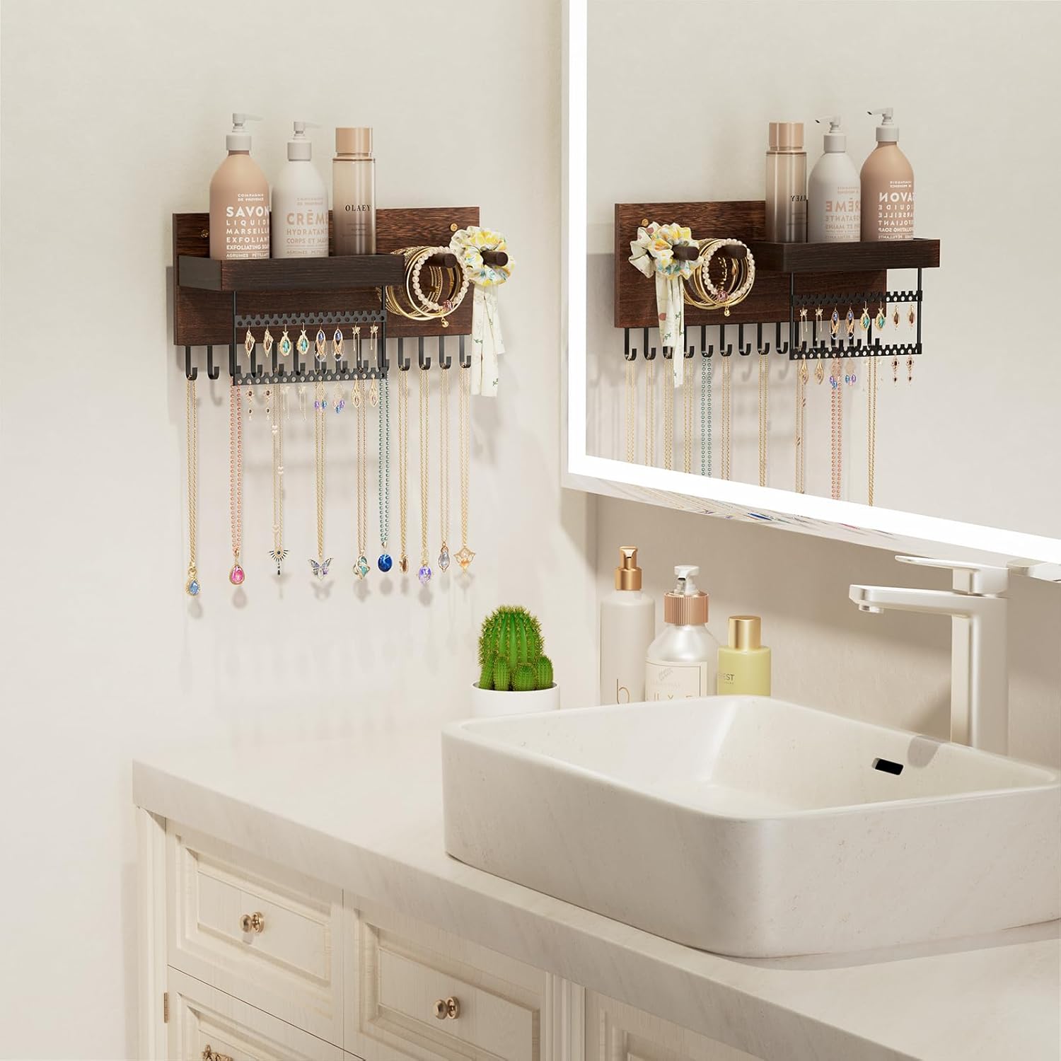 Wall Mounted Hanging Jewelry Organizer with Storage Shelf