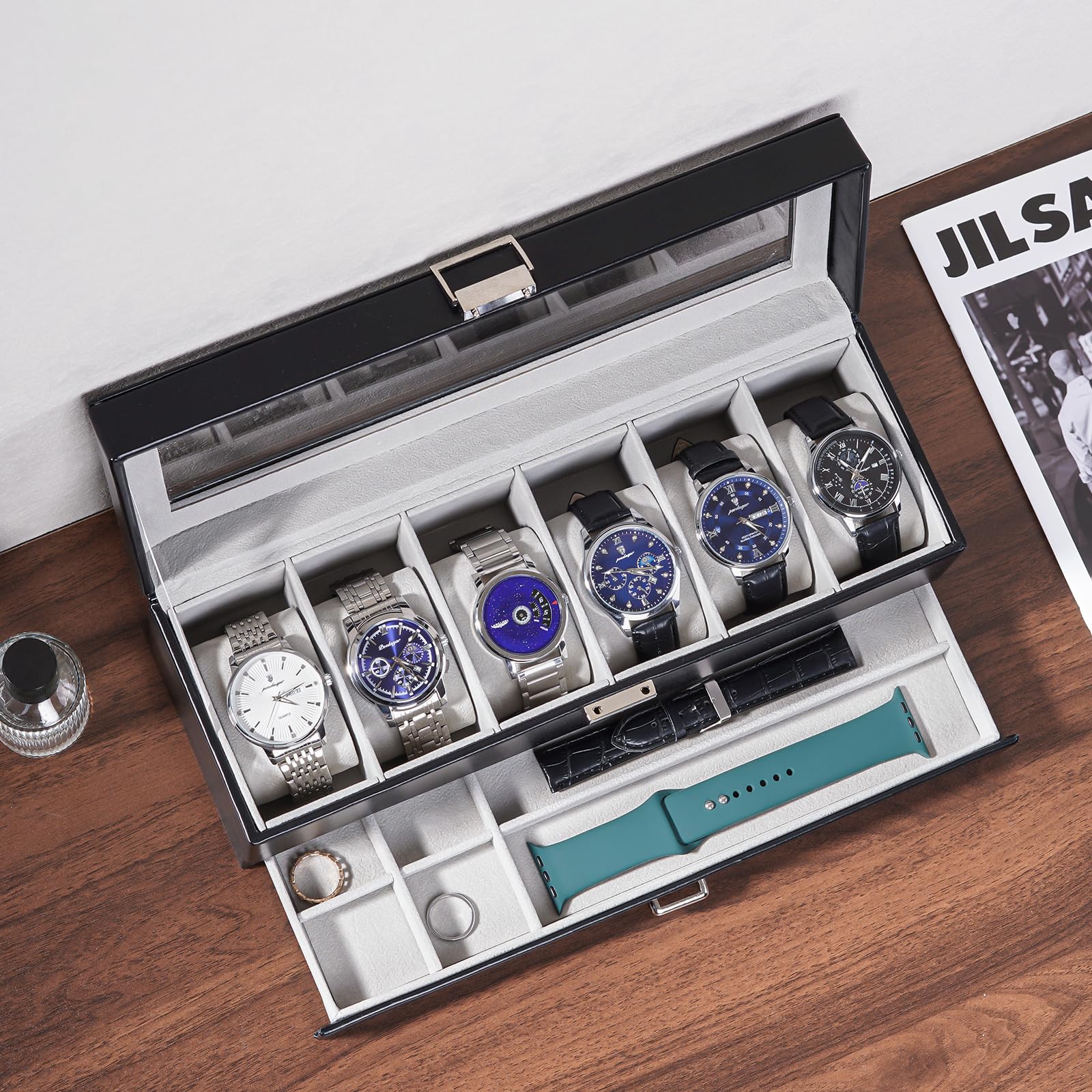 6 Slot 2-Layer Watch Display Case with Drawer