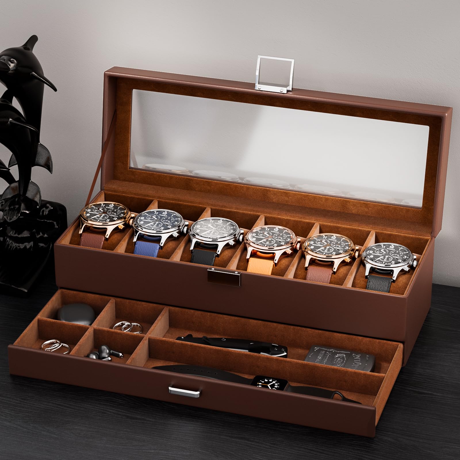 6 Slot 2-Layer Watch Display Case with Drawer