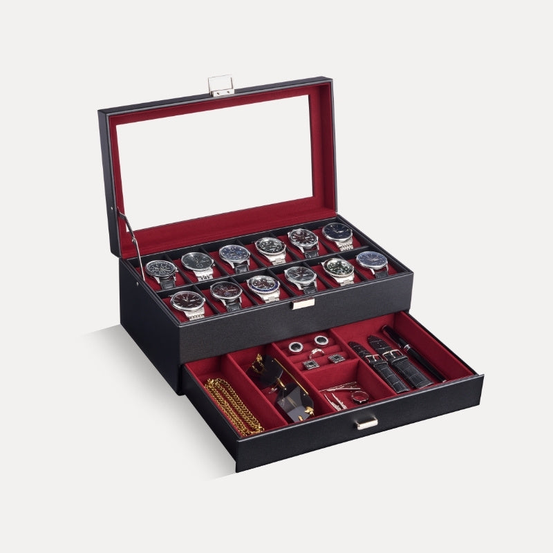 Watch organizer boxes with glass lids and storage drawers