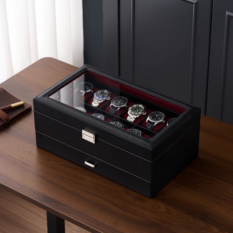 Watch box open with twelve cushions and pull-out storage drawer