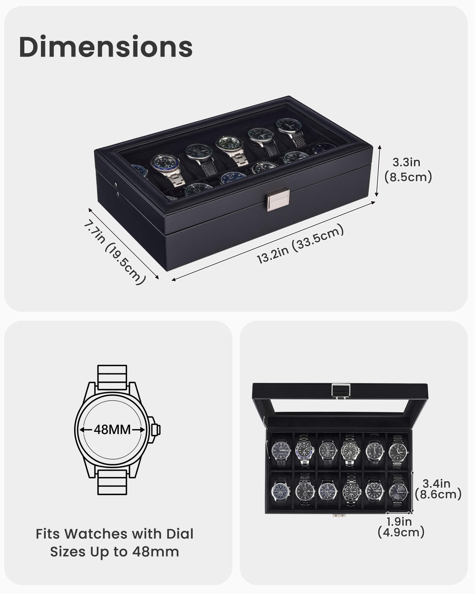 12-slot single-layer all black watch organizer box with glass lid and storage drawer showing full organizer setup