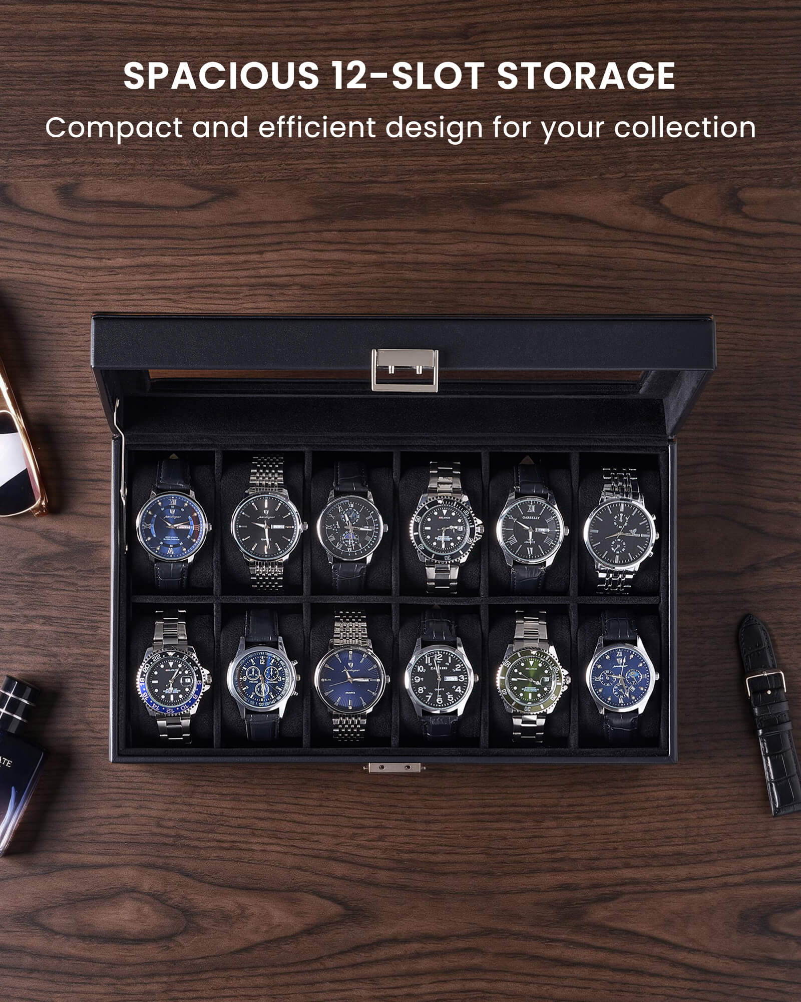 12-slot single-layer all black watch organizer box with glass lid and storage drawer showing size and dimension details