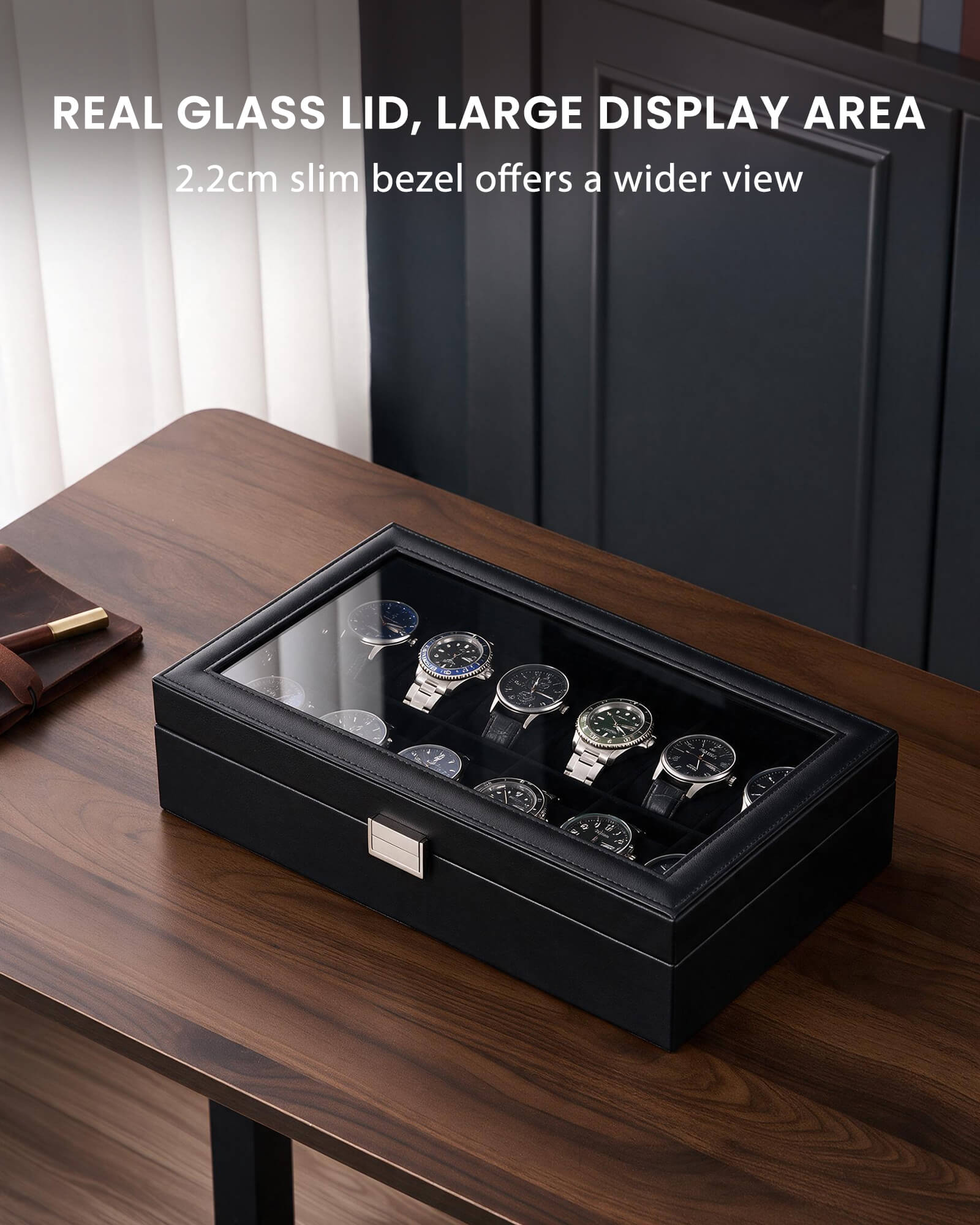12-slot single-layer all black watch organizer box with glass lid and storage drawer showing earring rack and necklace bars