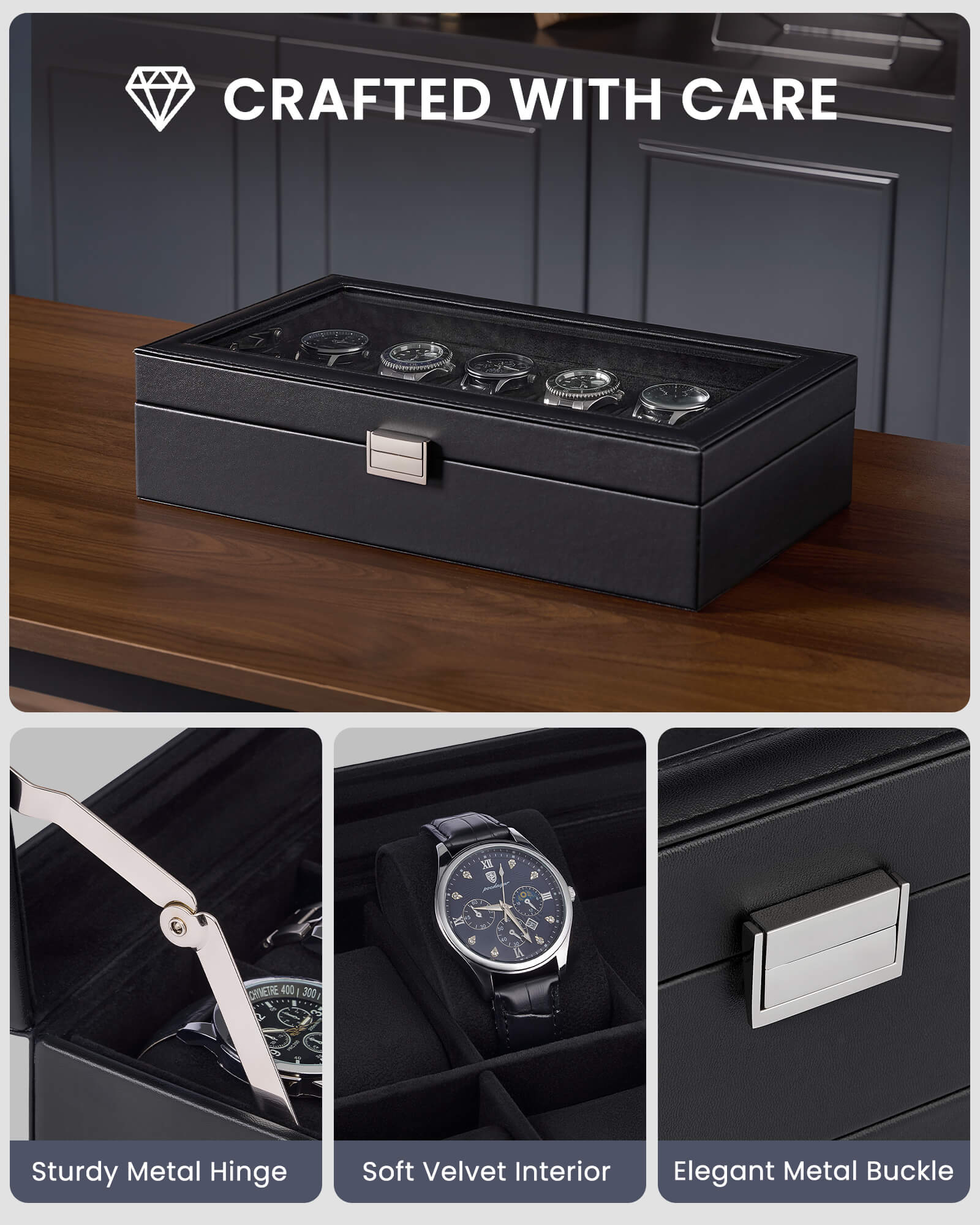 12-slot single-layer all black watch organizer box with glass lid and storage drawer showing velvet ring tray