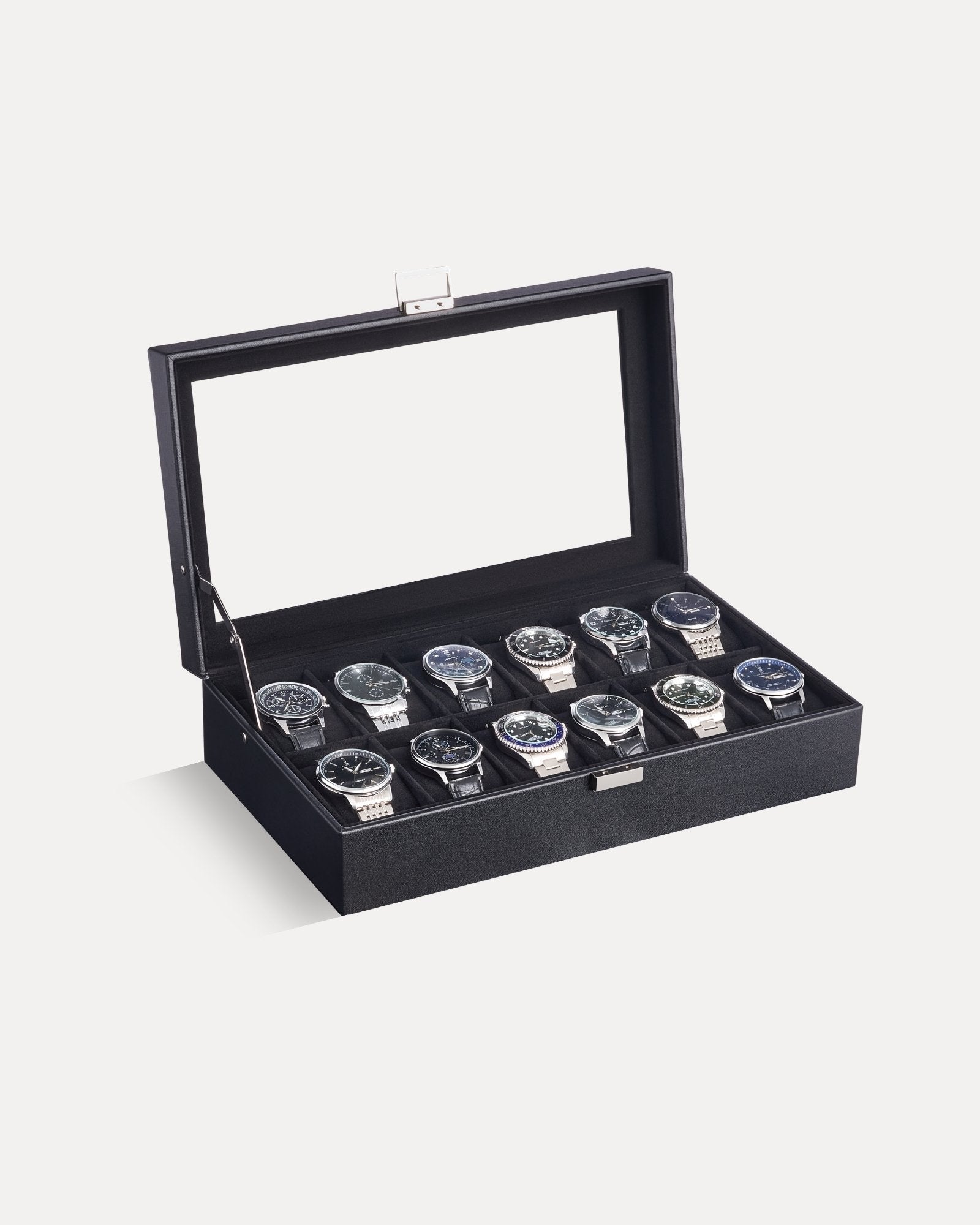 12-slot single-layer all black watch organizer box with glass lid and storage drawer