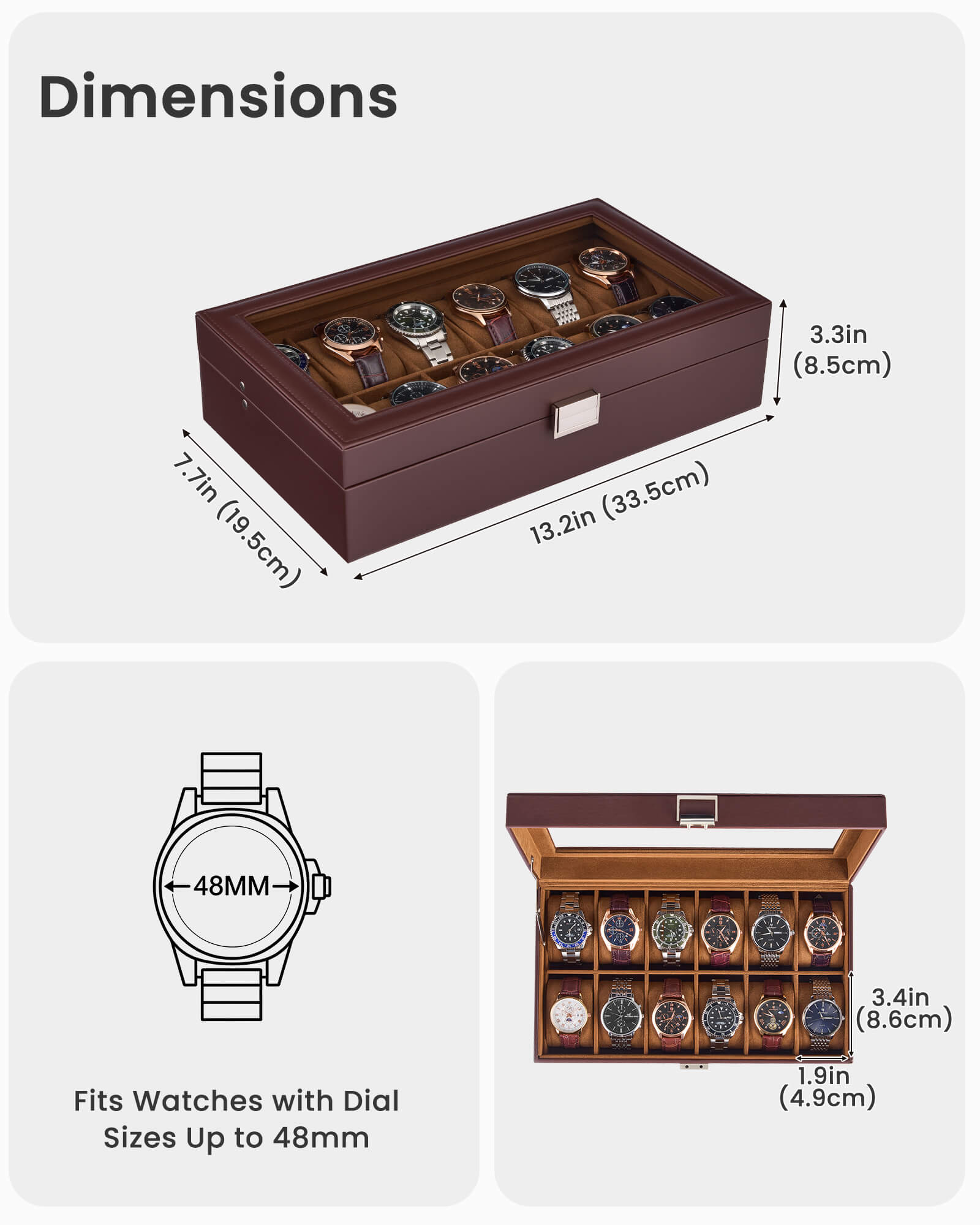 12-slot single-layer espresso watch organizer box with glass lid and storage drawer showing full organizer setup