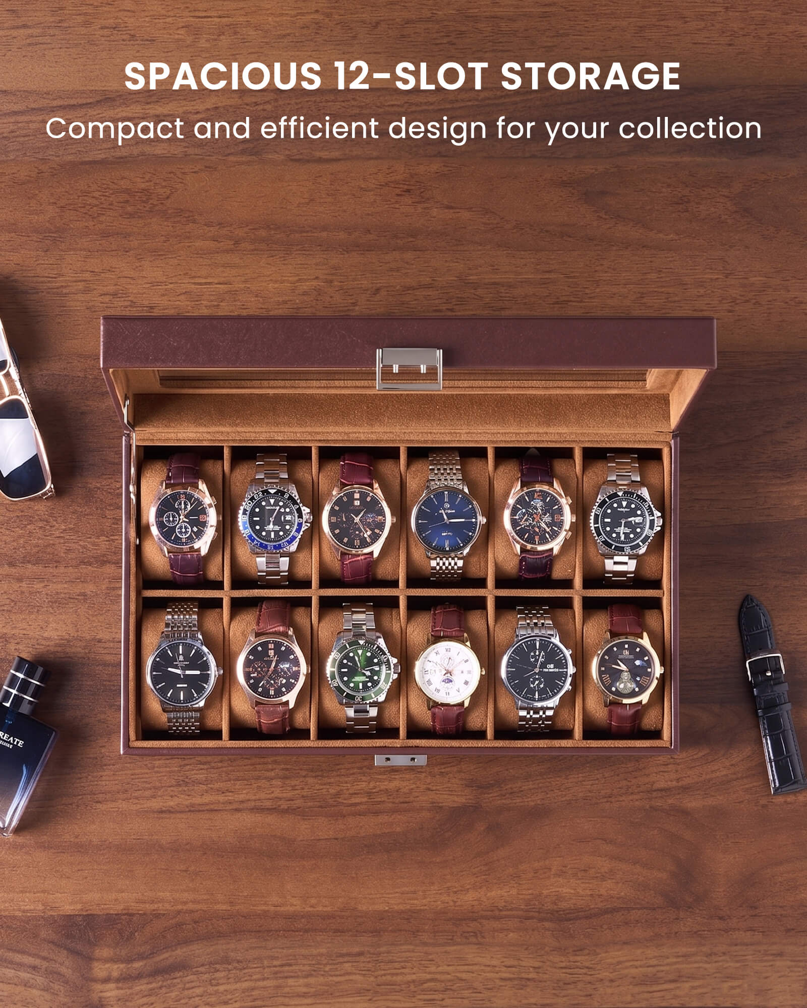 12-slot single-layer espresso watch organizer box with glass lid and storage drawer showing size and dimension details