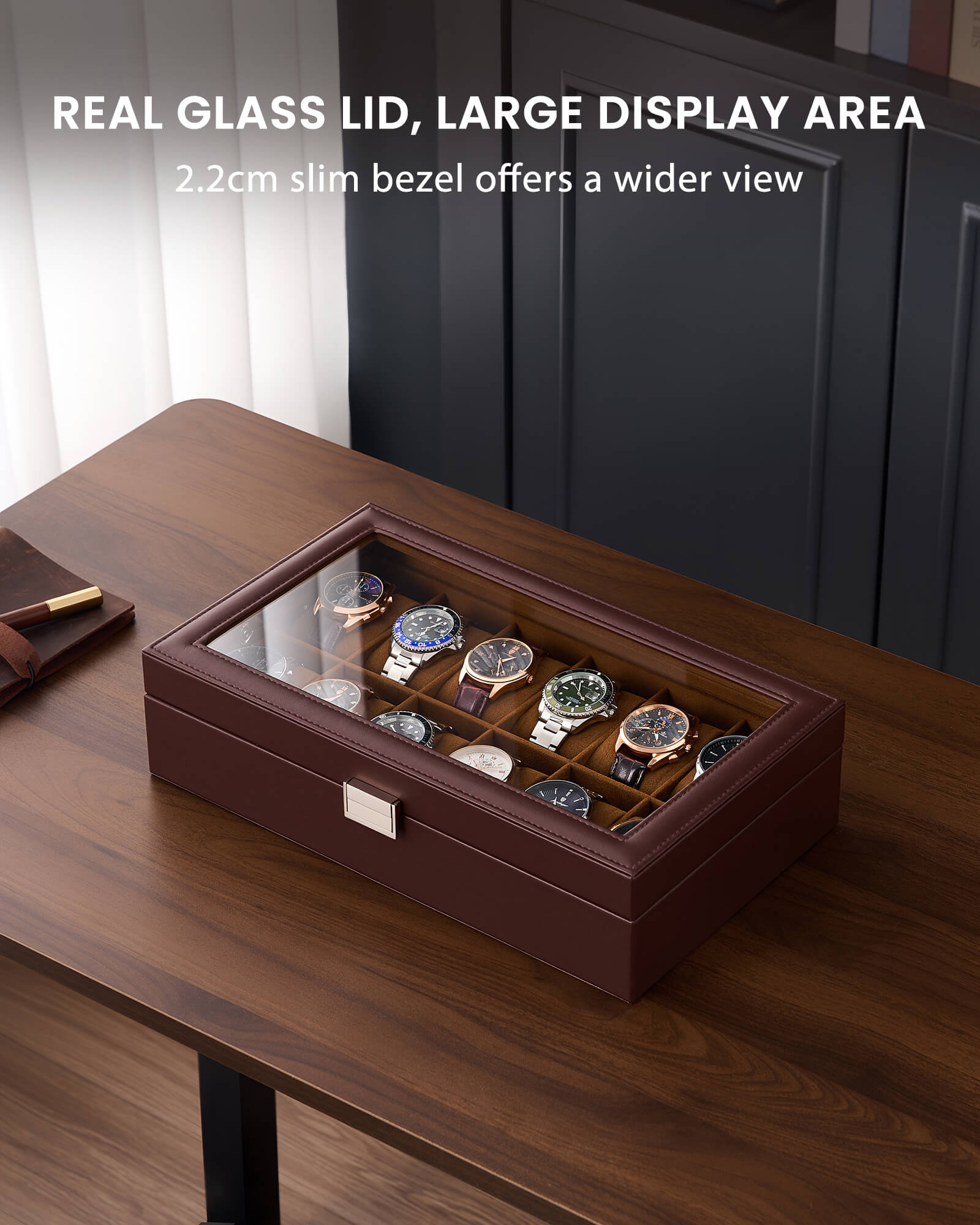 12-slot single-layer espresso watch organizer box with glass lid and storage drawer showing earring rack and necklace bars
