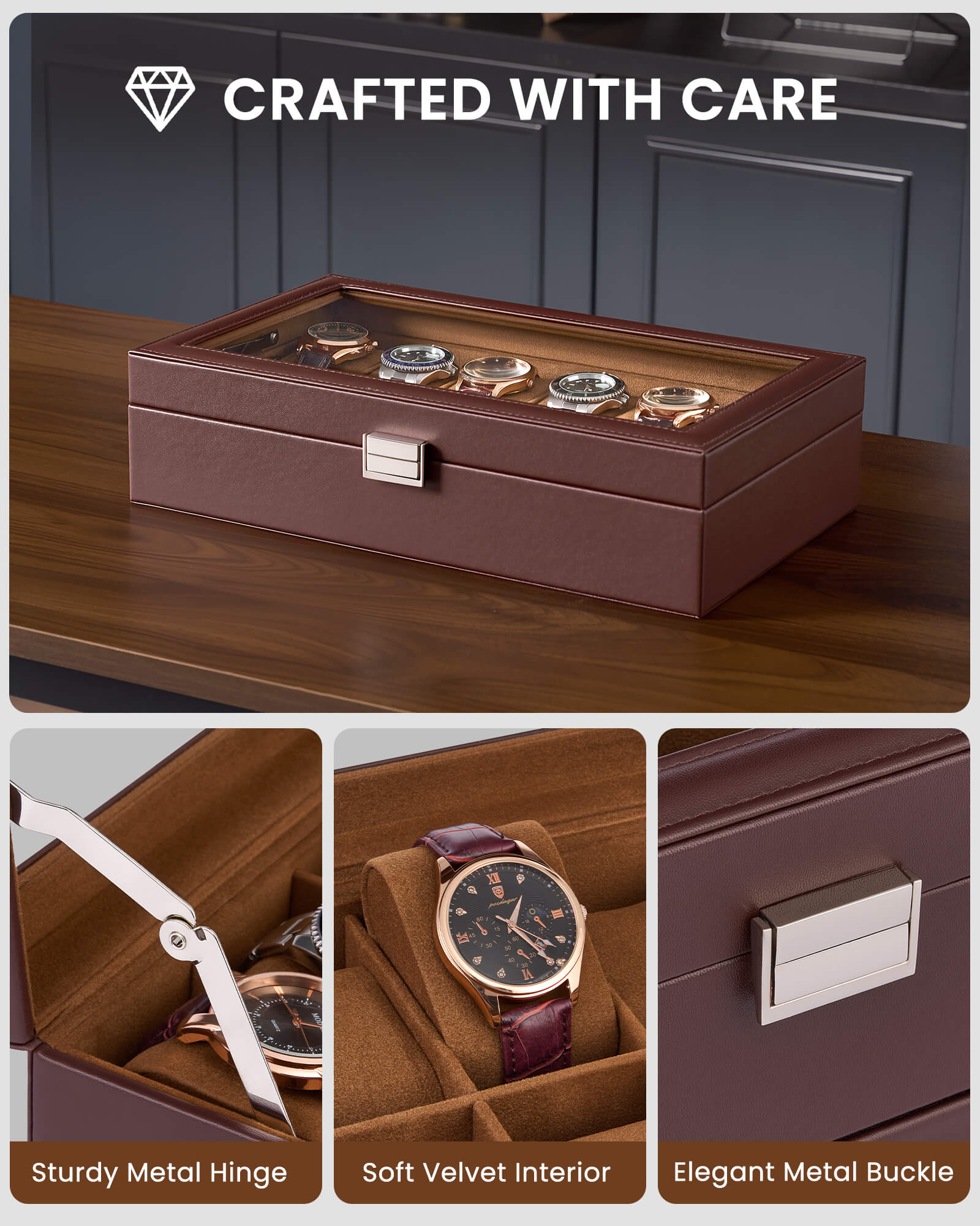 12-slot single-layer espresso watch organizer box with glass lid and storage drawer showing velvet ring tray