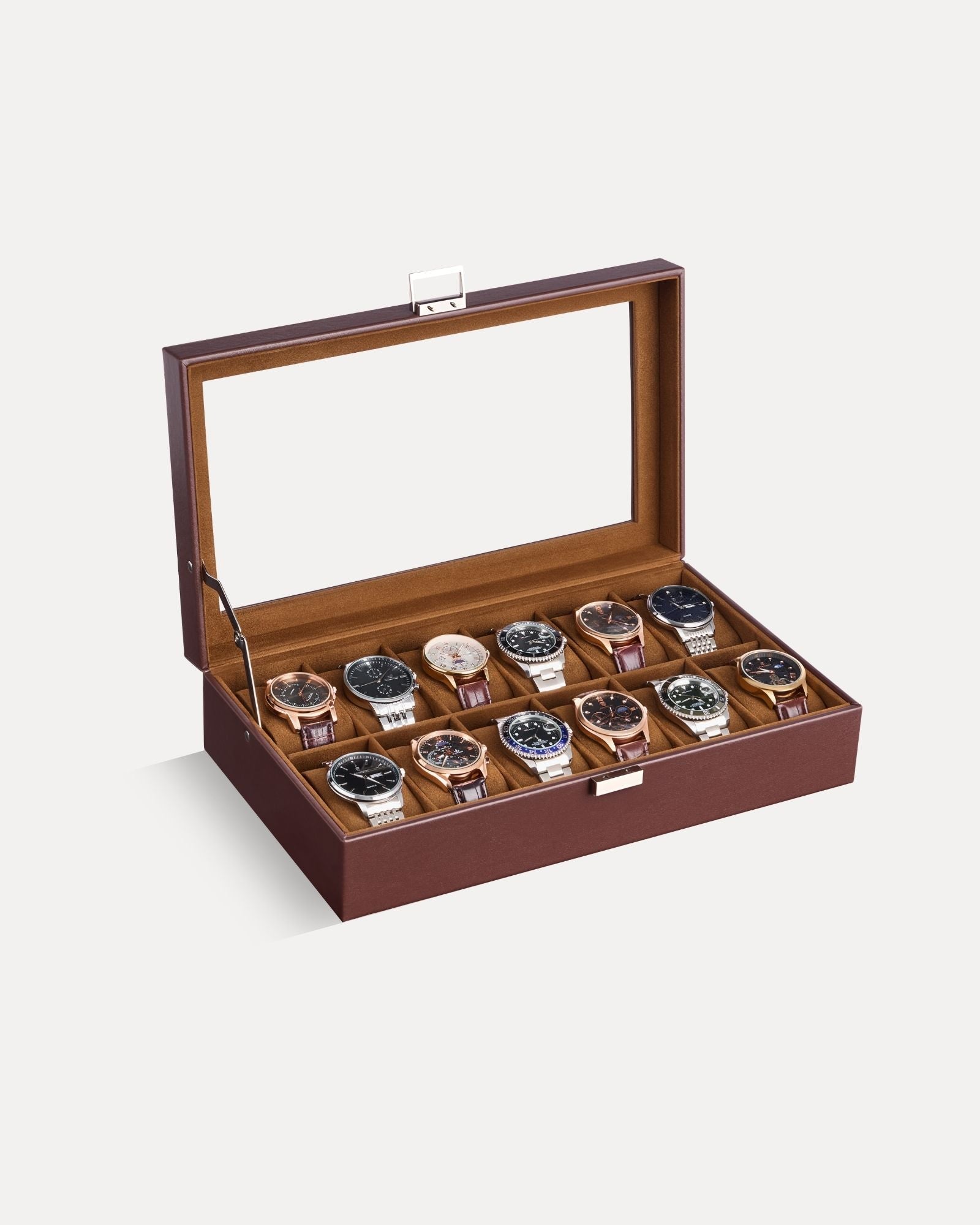 12-slot single-layer espresso watch organizer box with glass lid and storage drawer