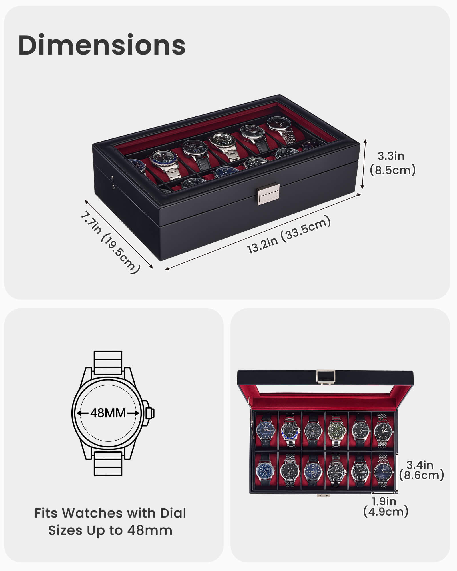 12-slot single-layer wine red watch organizer box with glass lid and storage drawer showing full organizer setup