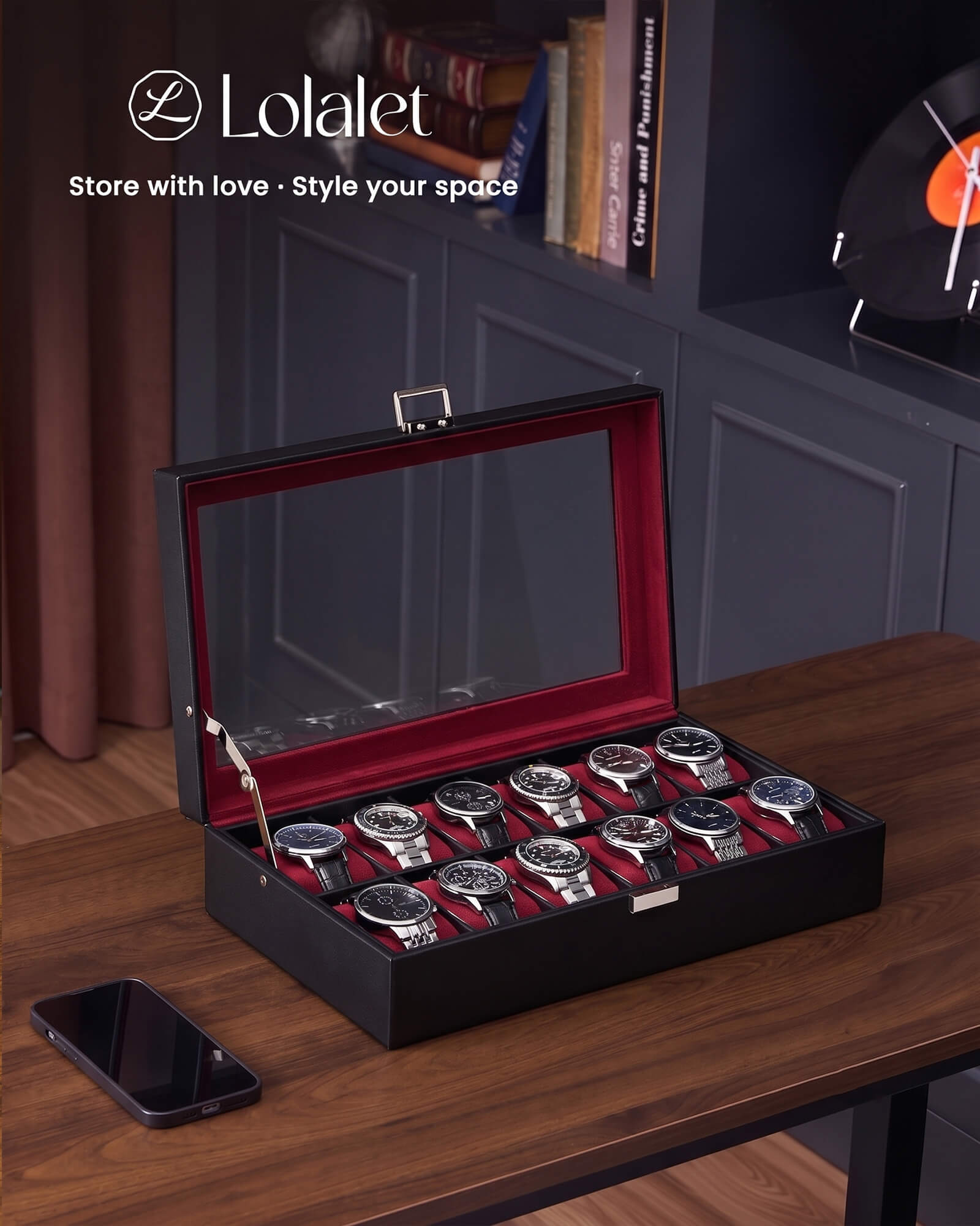 12-slot single-layer wine red watch organizer box with glass lid and storage drawer showing organized storage layout