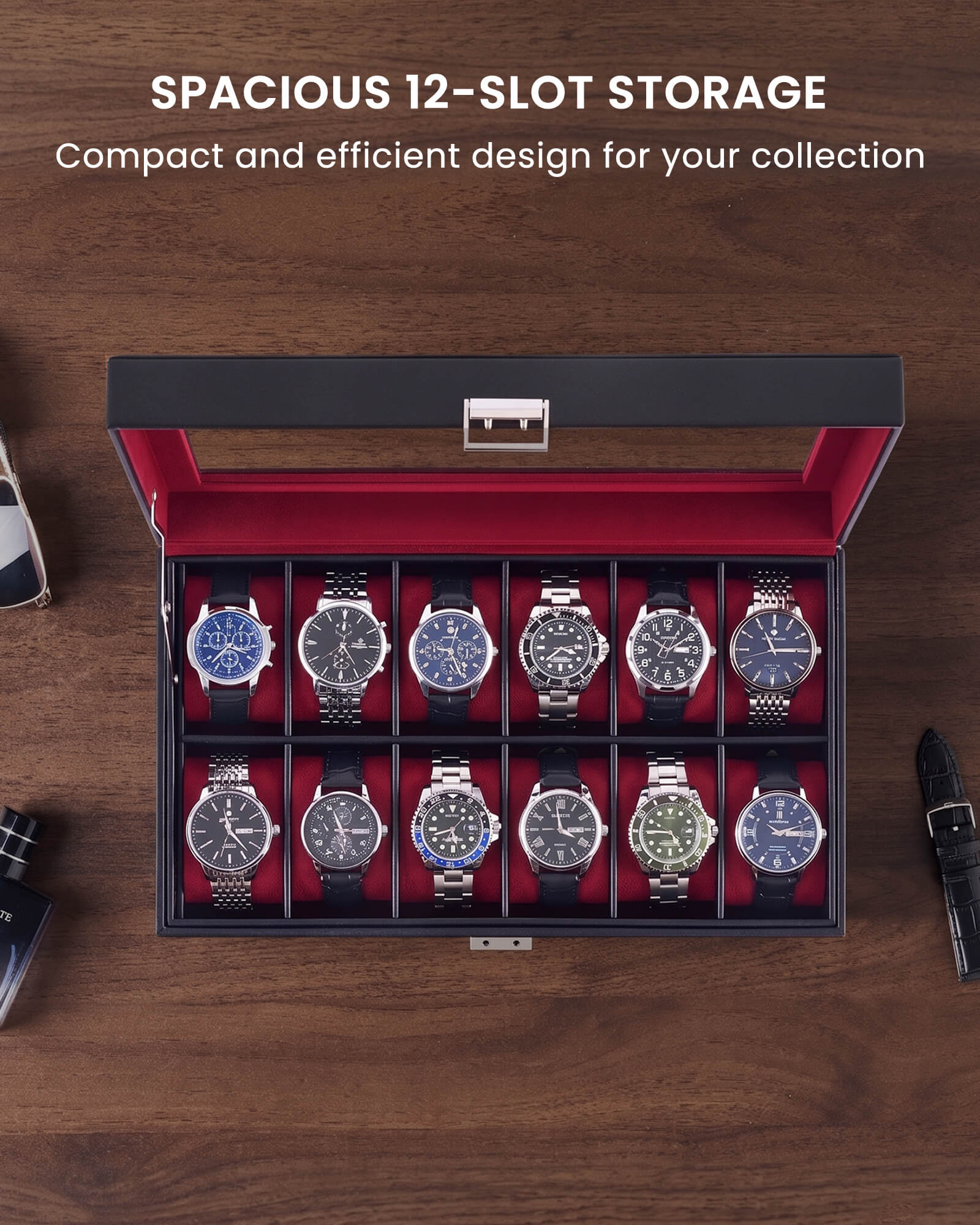 12-slot single-layer wine red watch organizer box with glass lid and storage drawer showing size and dimension details