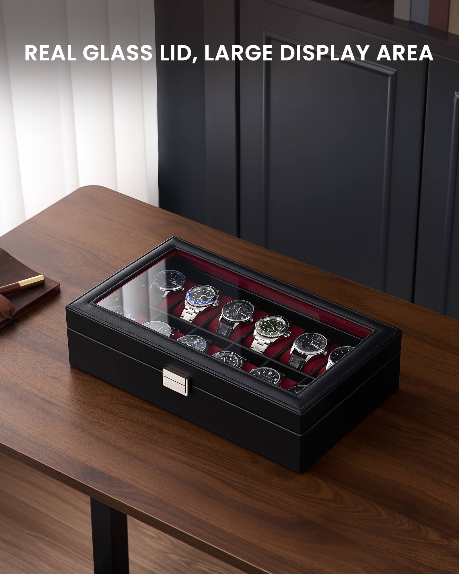 12-slot single-layer wine red watch organizer box with glass lid and storage drawer showing earring rack and necklace bars