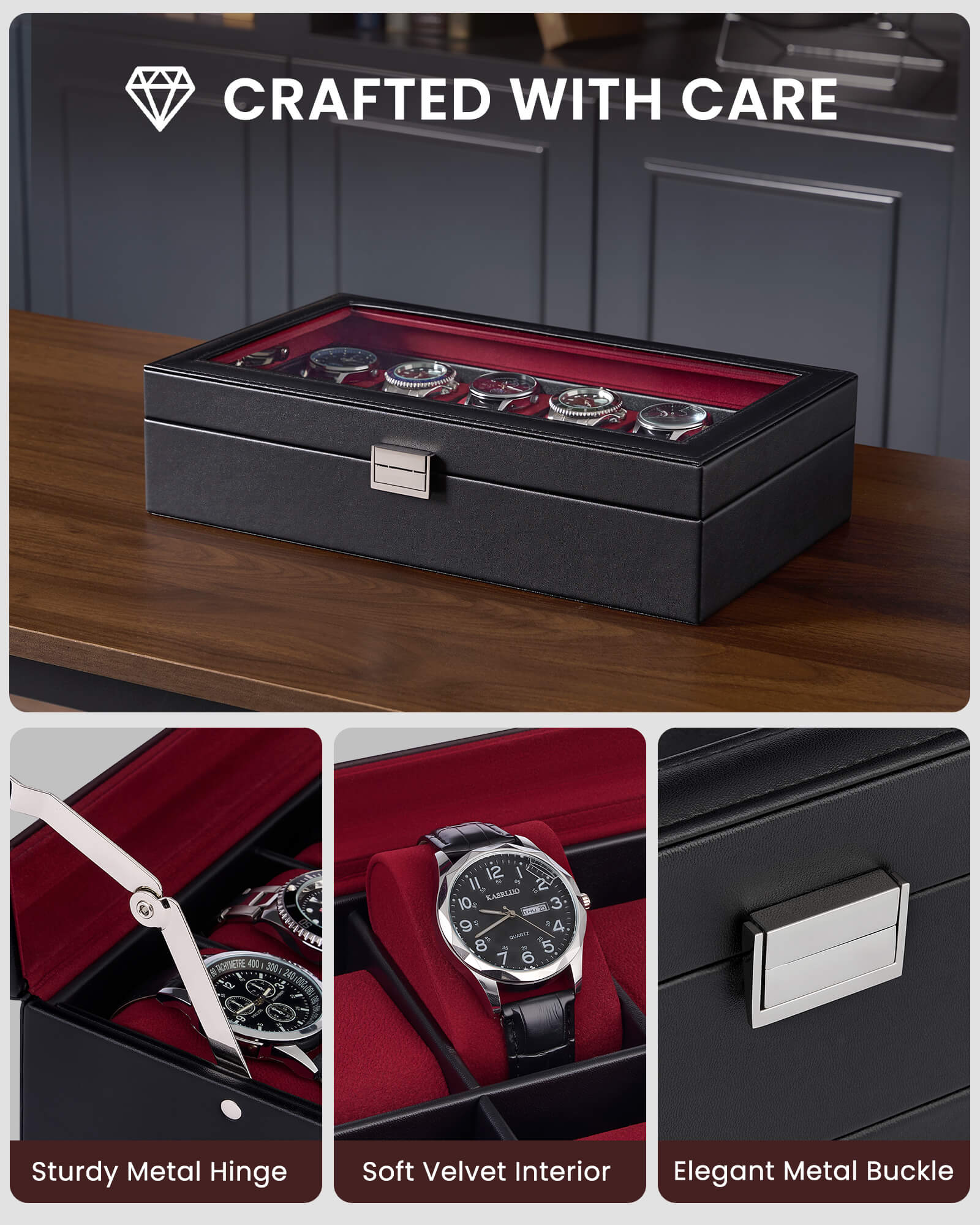 12-slot single-layer wine red watch organizer box with glass lid and storage drawer showing velvet ring tray