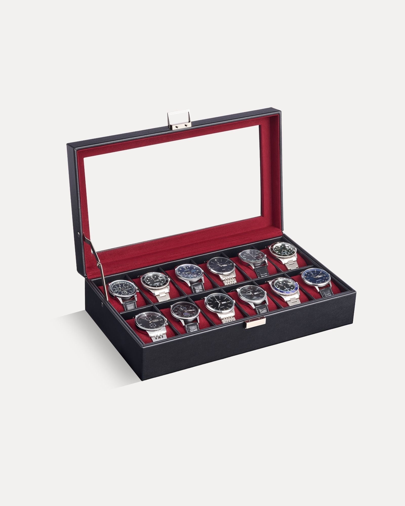 12-slot single-layer wine red watch organizer box with glass lid and storage drawer
