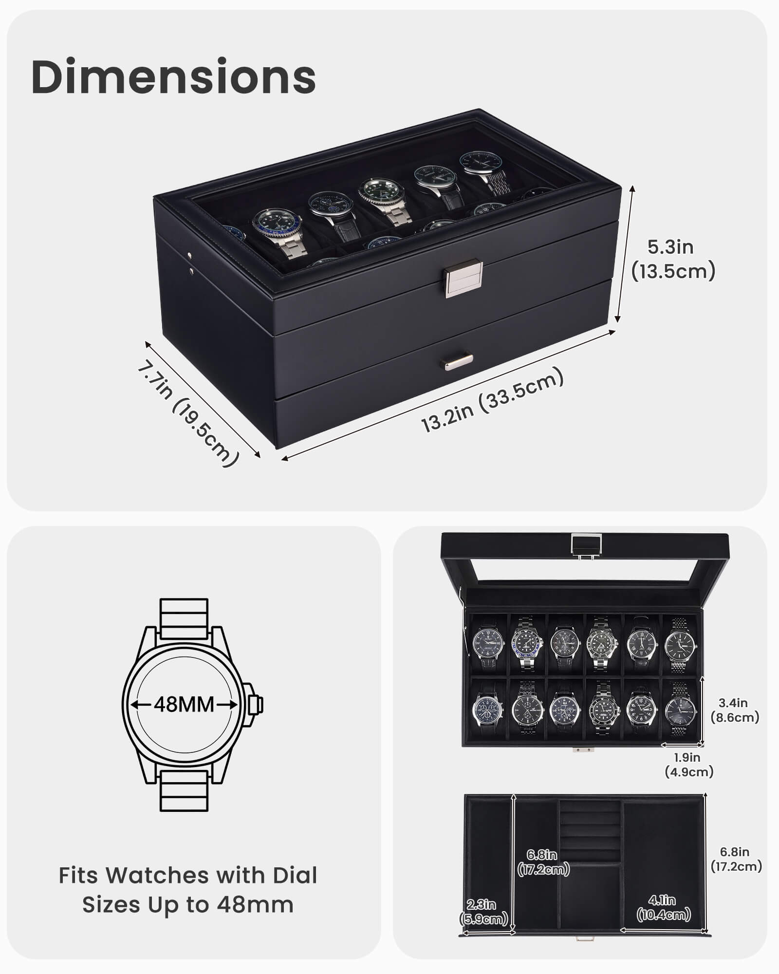 12-slot double-layer all black watch organizer box with glass lid and storage drawer showing full organizer setup