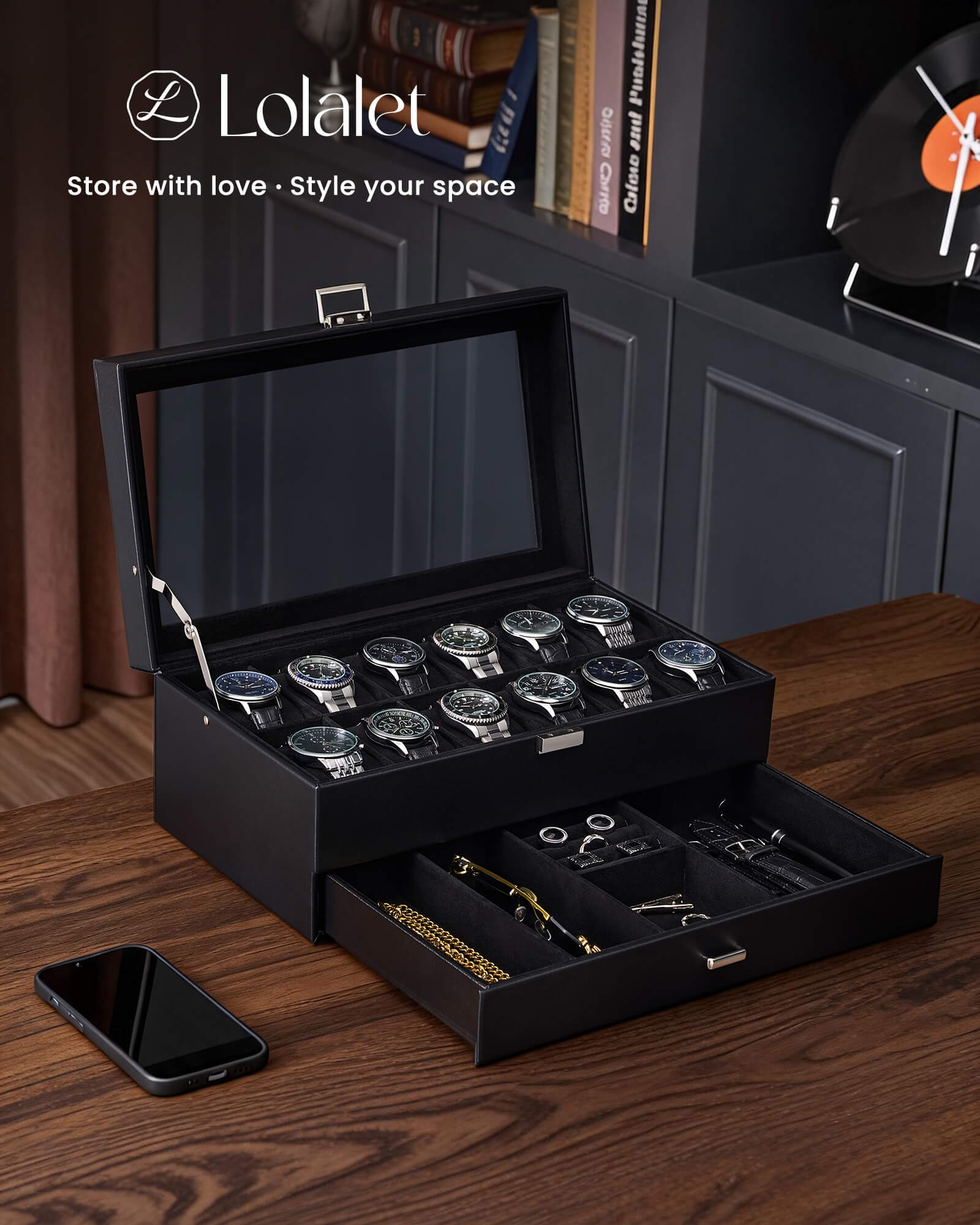 12-slot double-layer all black watch organizer box with glass lid and storage drawer showing organized storage layout