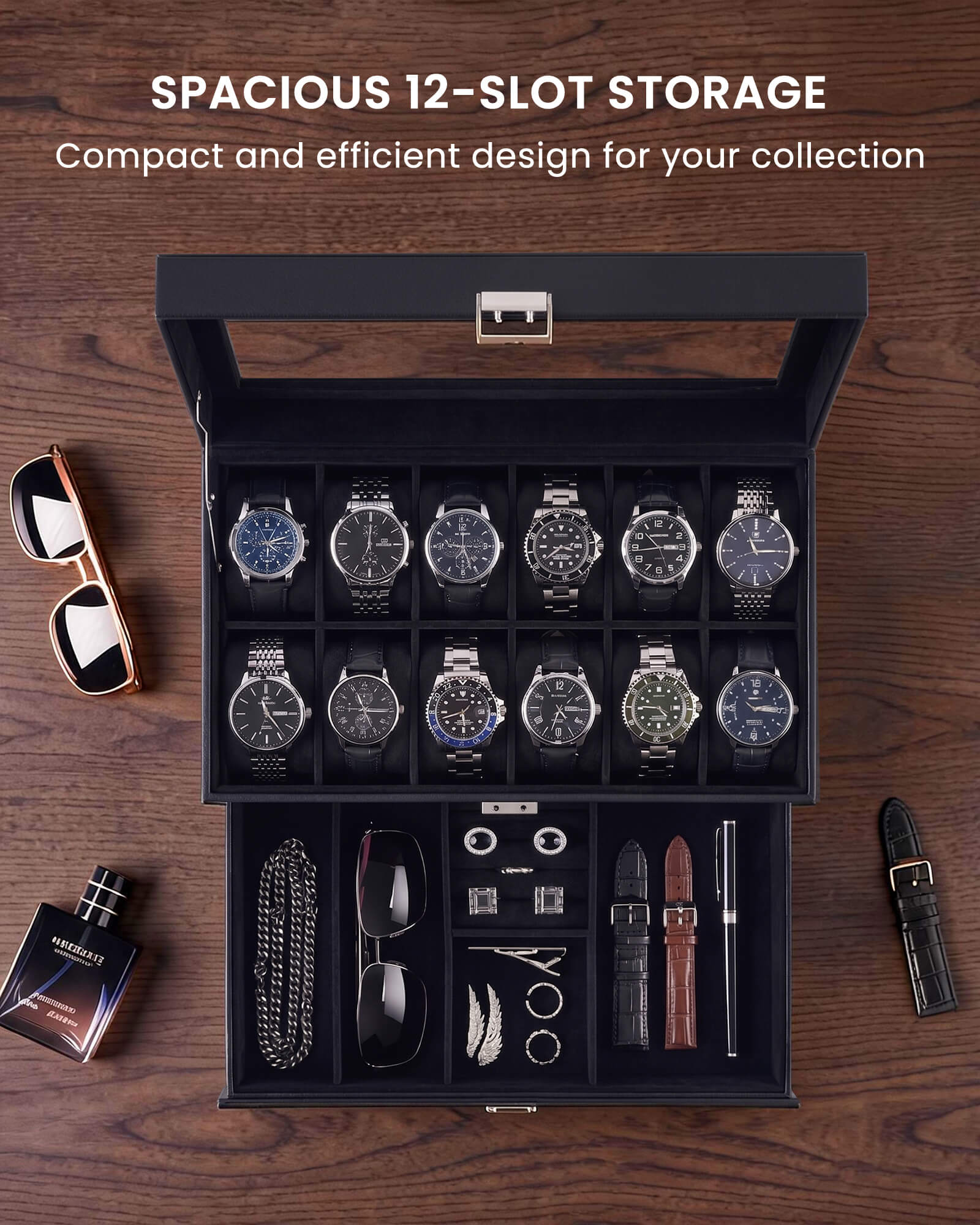 12-slot double-layer all black watch organizer box with glass lid and storage drawer showing size and dimension details