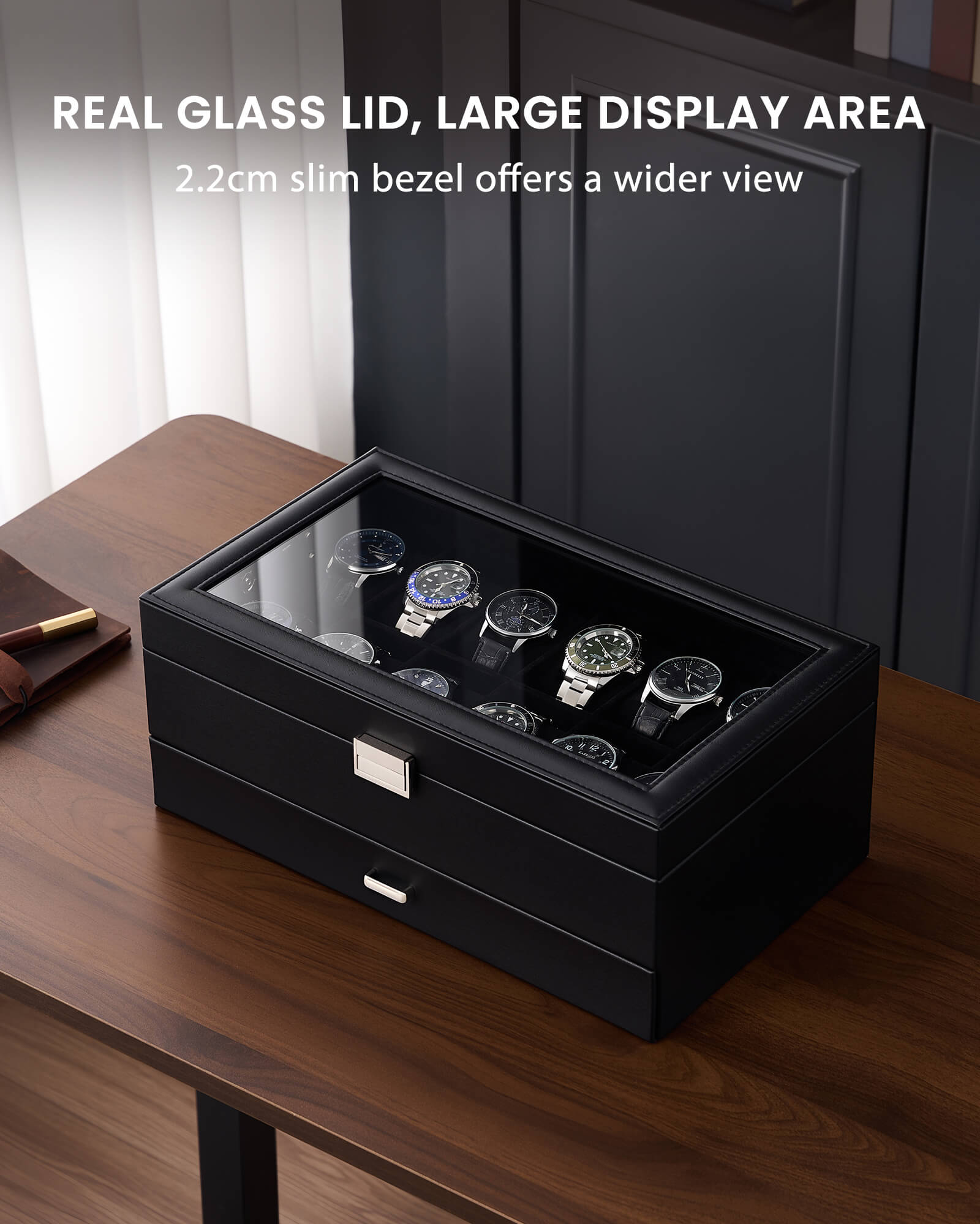 12-slot double-layer all black watch organizer box with glass lid and storage drawer showing earring rack and necklace bars