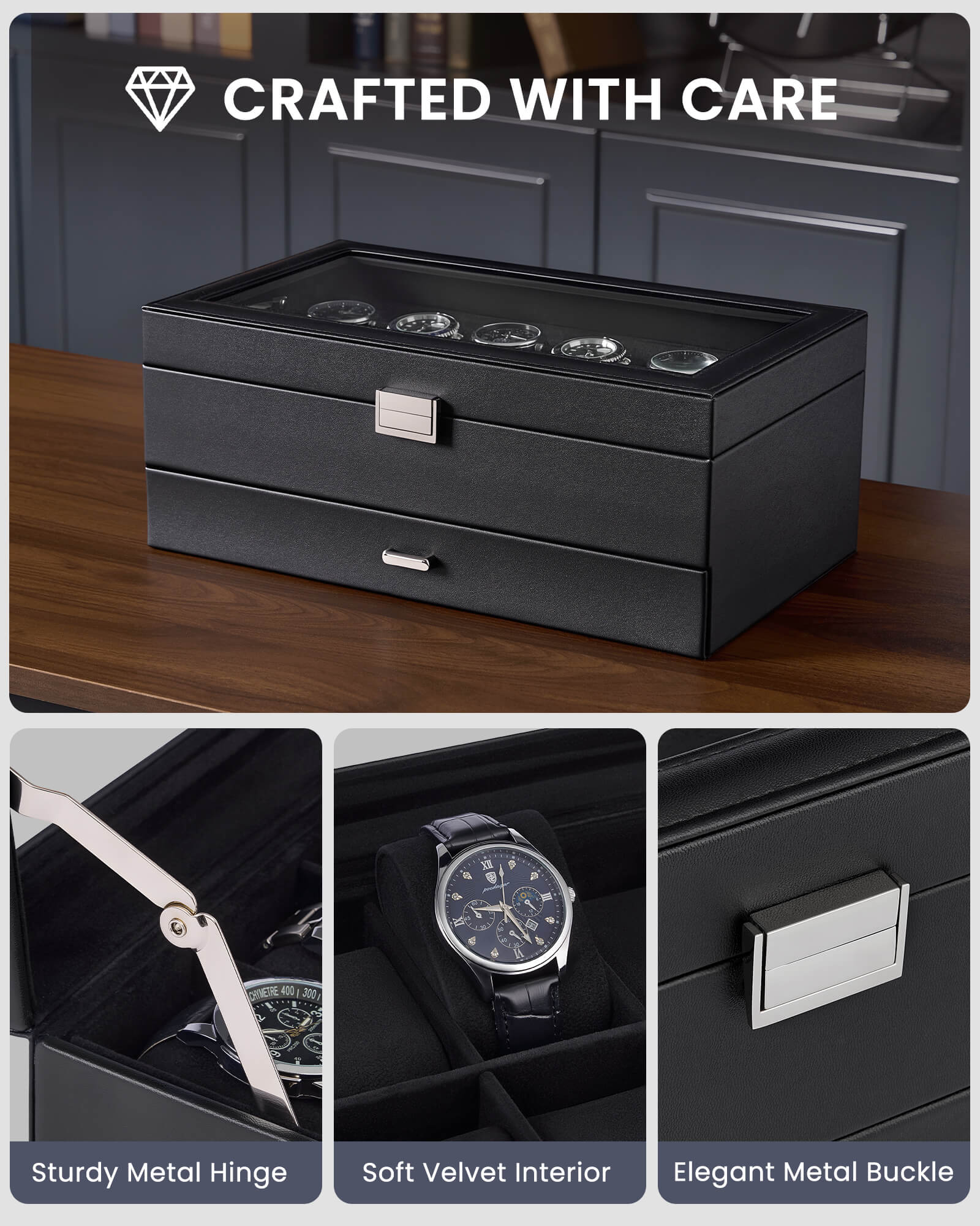 12-slot double-layer all black watch organizer box with glass lid and storage drawer showing velvet ring tray