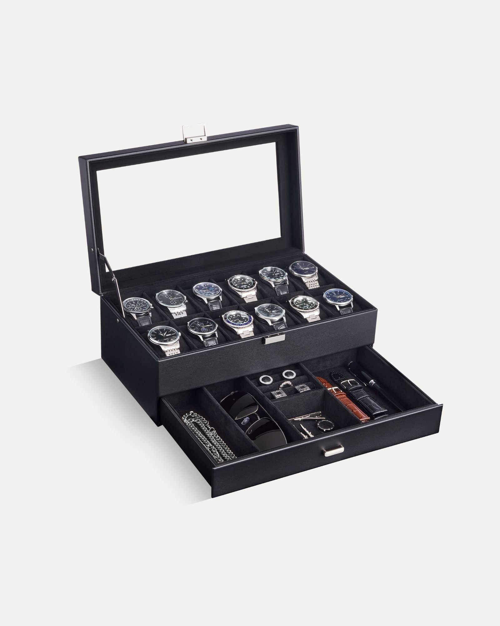 12-slot double-layer all black watch organizer box with glass lid and storage drawer