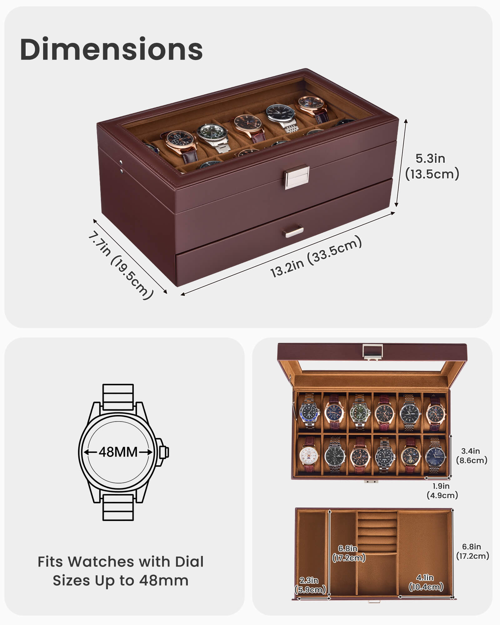 12-slot double-layer espresso watch organizer box with glass lid and storage drawer showing full organizer setup