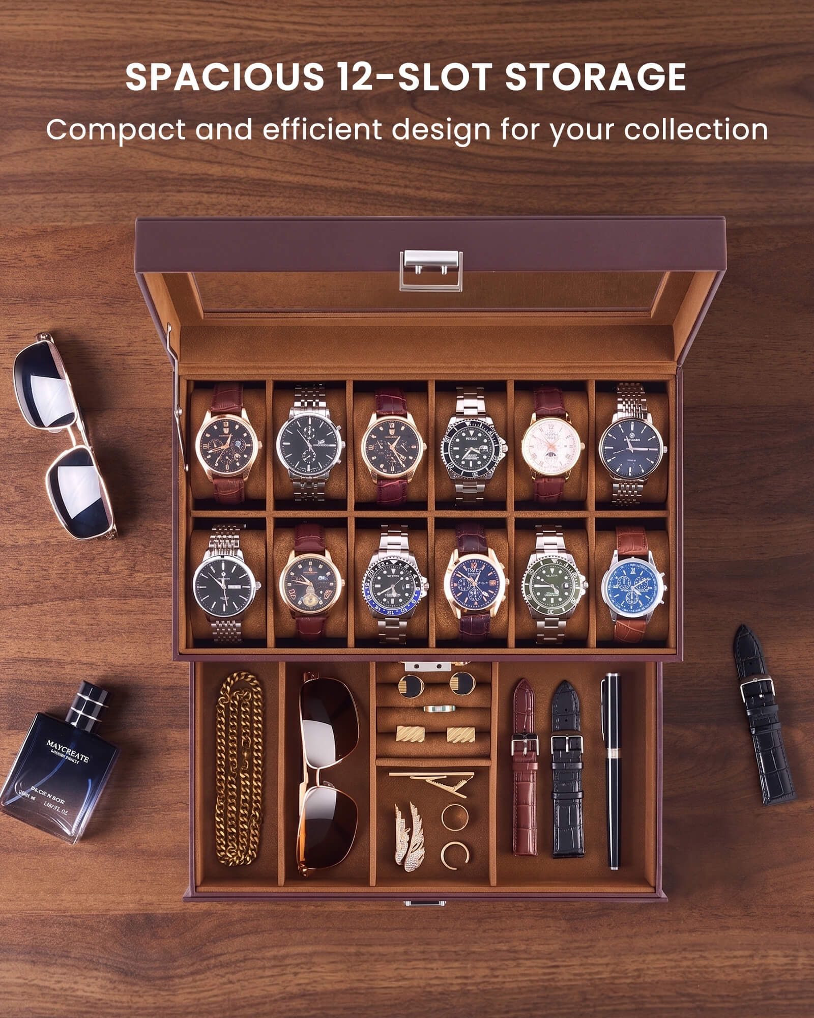 12-slot double-layer espresso watch organizer box with glass lid and storage drawer showing size and dimension details