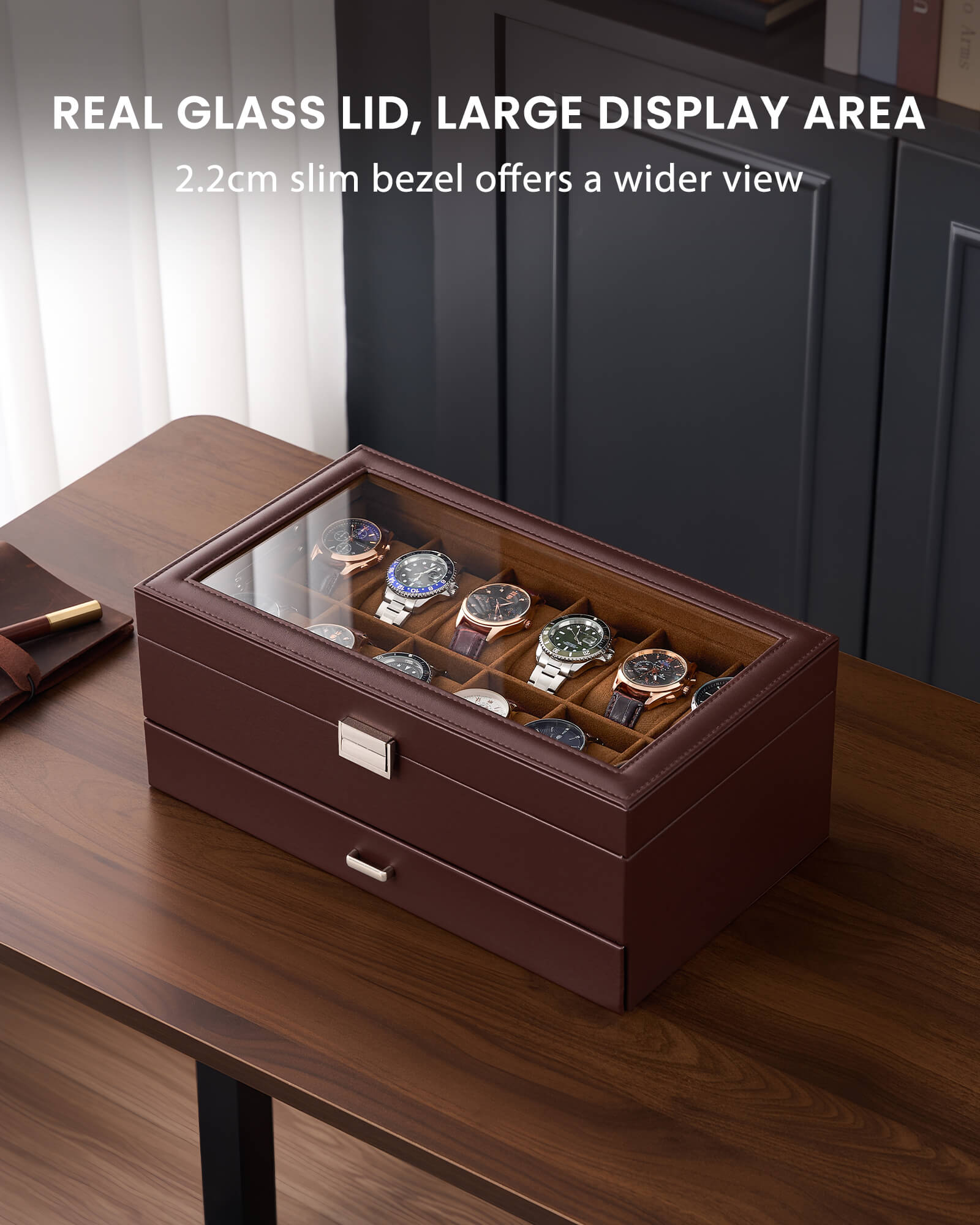 12-slot double-layer espresso watch organizer box with glass lid and storage drawer showing earring rack and necklace bars
