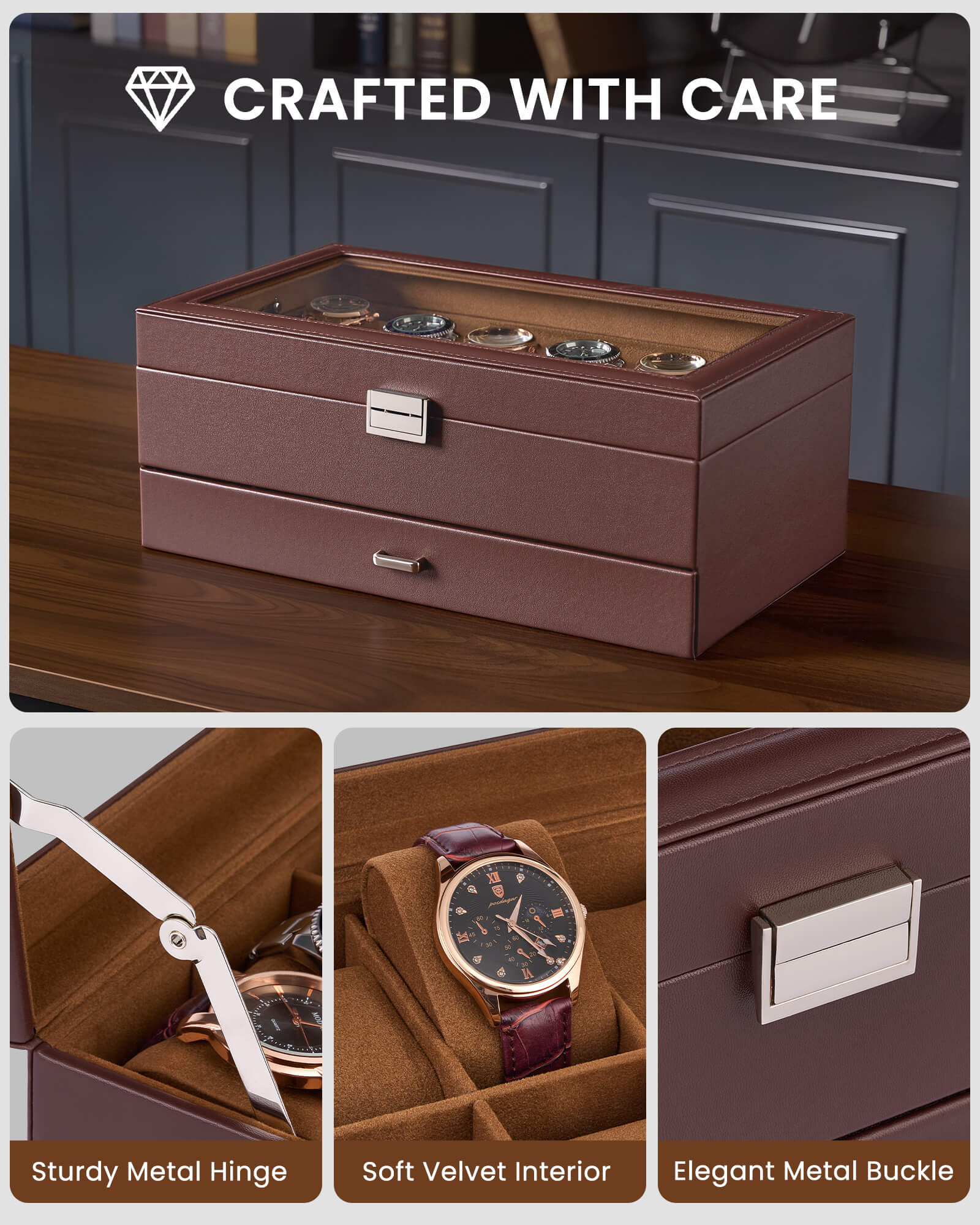 12-slot double-layer espresso watch organizer box with glass lid and storage drawer showing velvet ring tray
