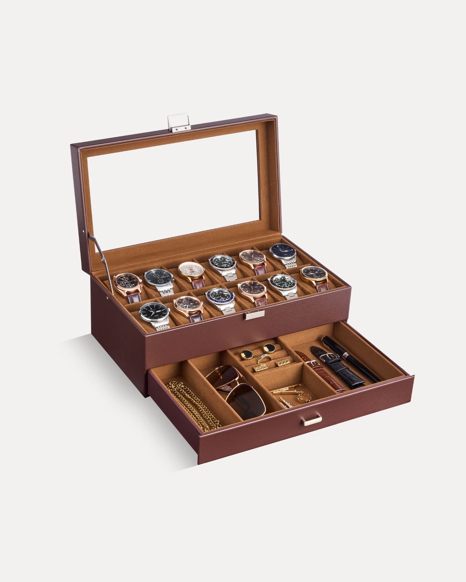 12-slot double-layer espresso watch organizer box with glass lid and storage drawer