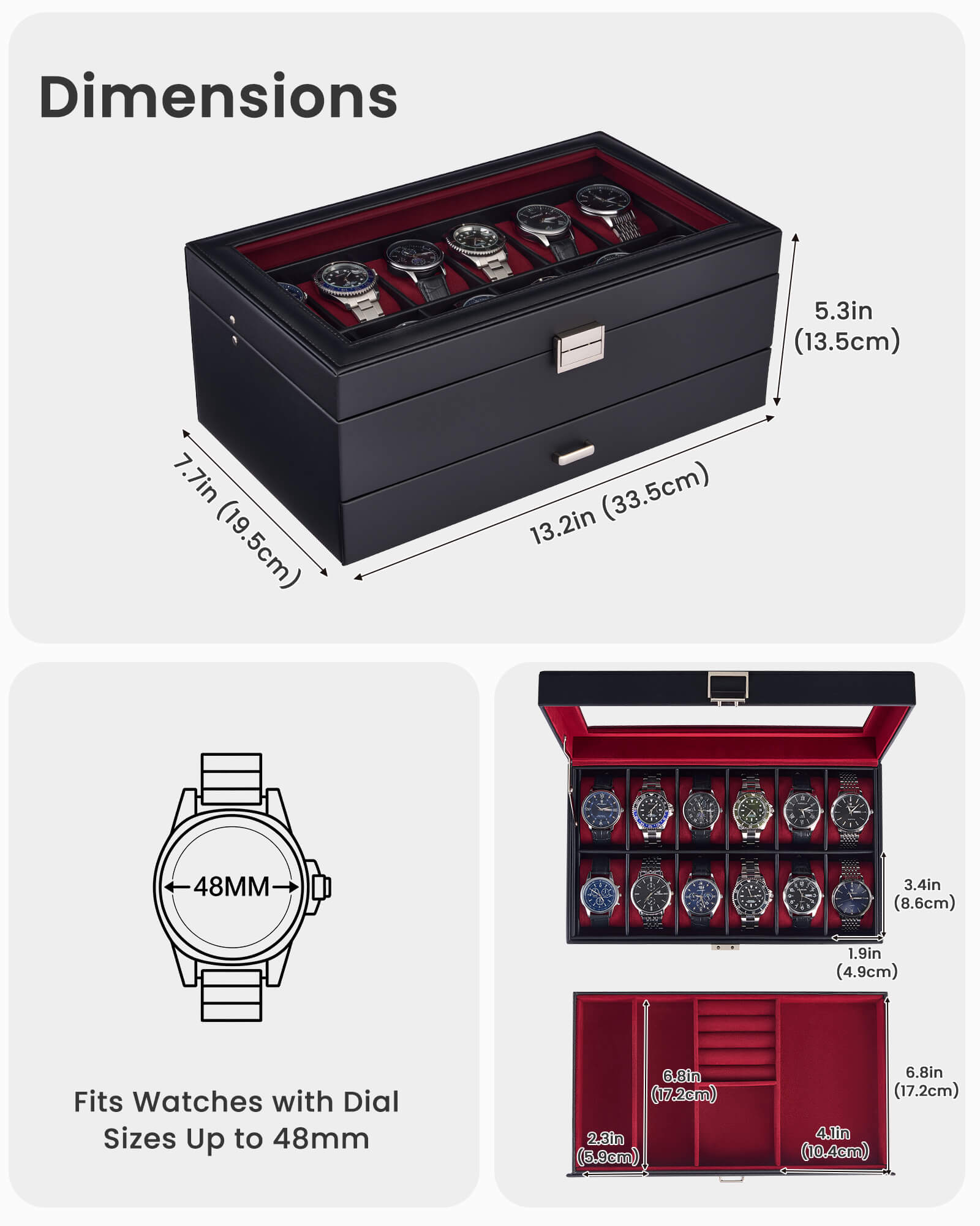 12-slot double-layer wine red watch organizer box with glass lid and storage drawer showing full organizer setup