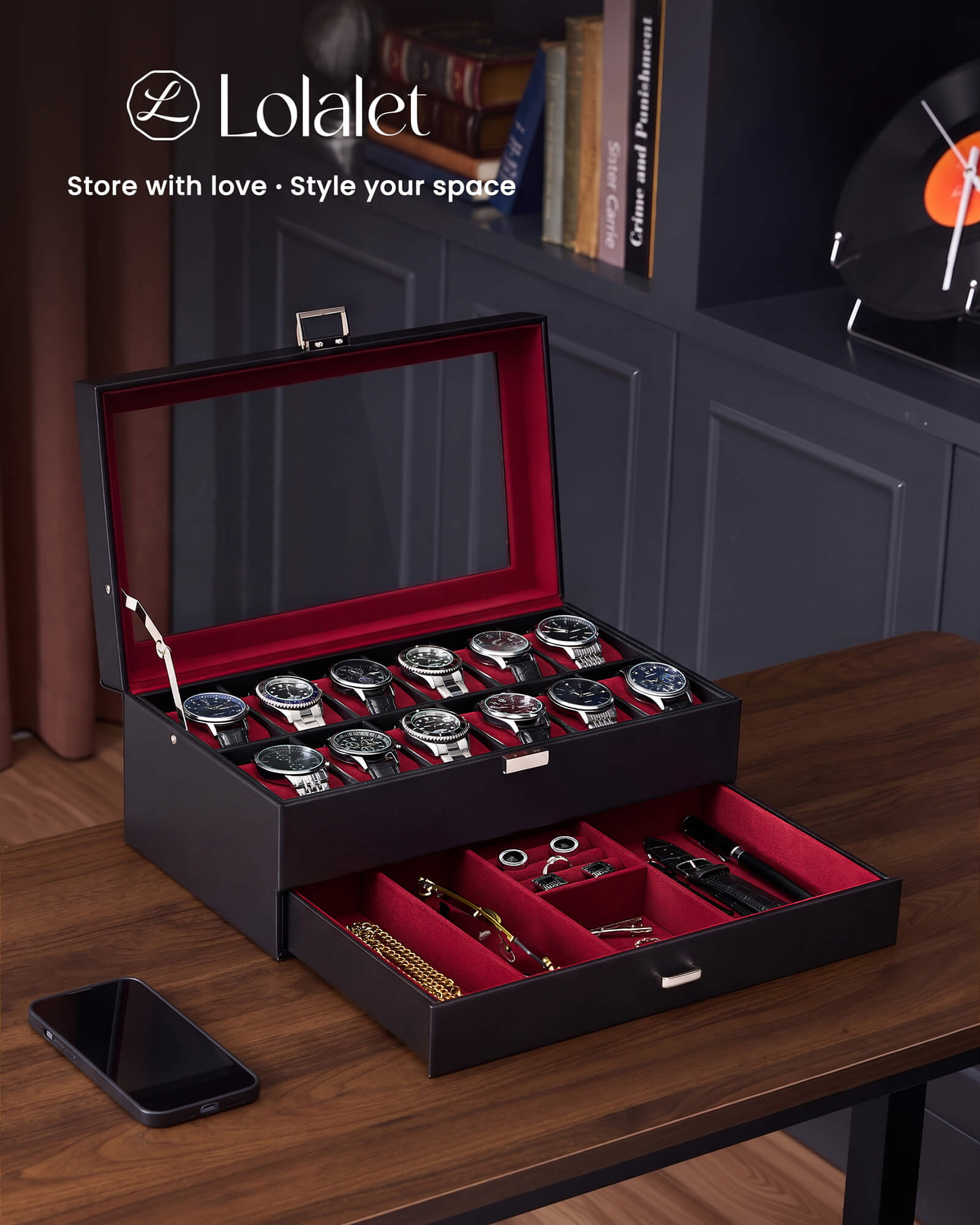12-slot double-layer wine red watch organizer box with glass lid and storage drawer showing organized storage layout