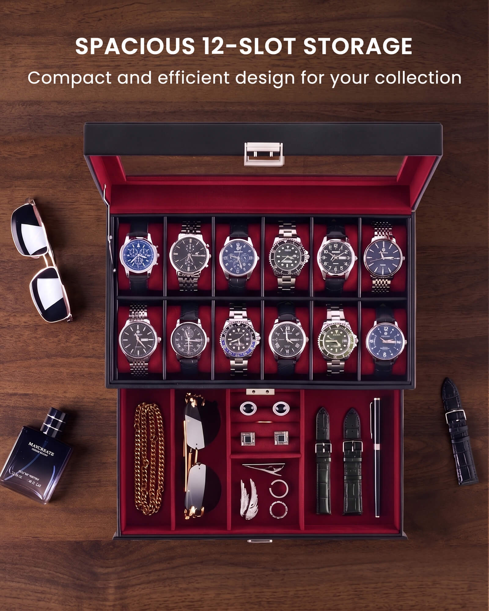 12-slot double-layer wine red watch organizer box with glass lid and storage drawer showing size and dimension details