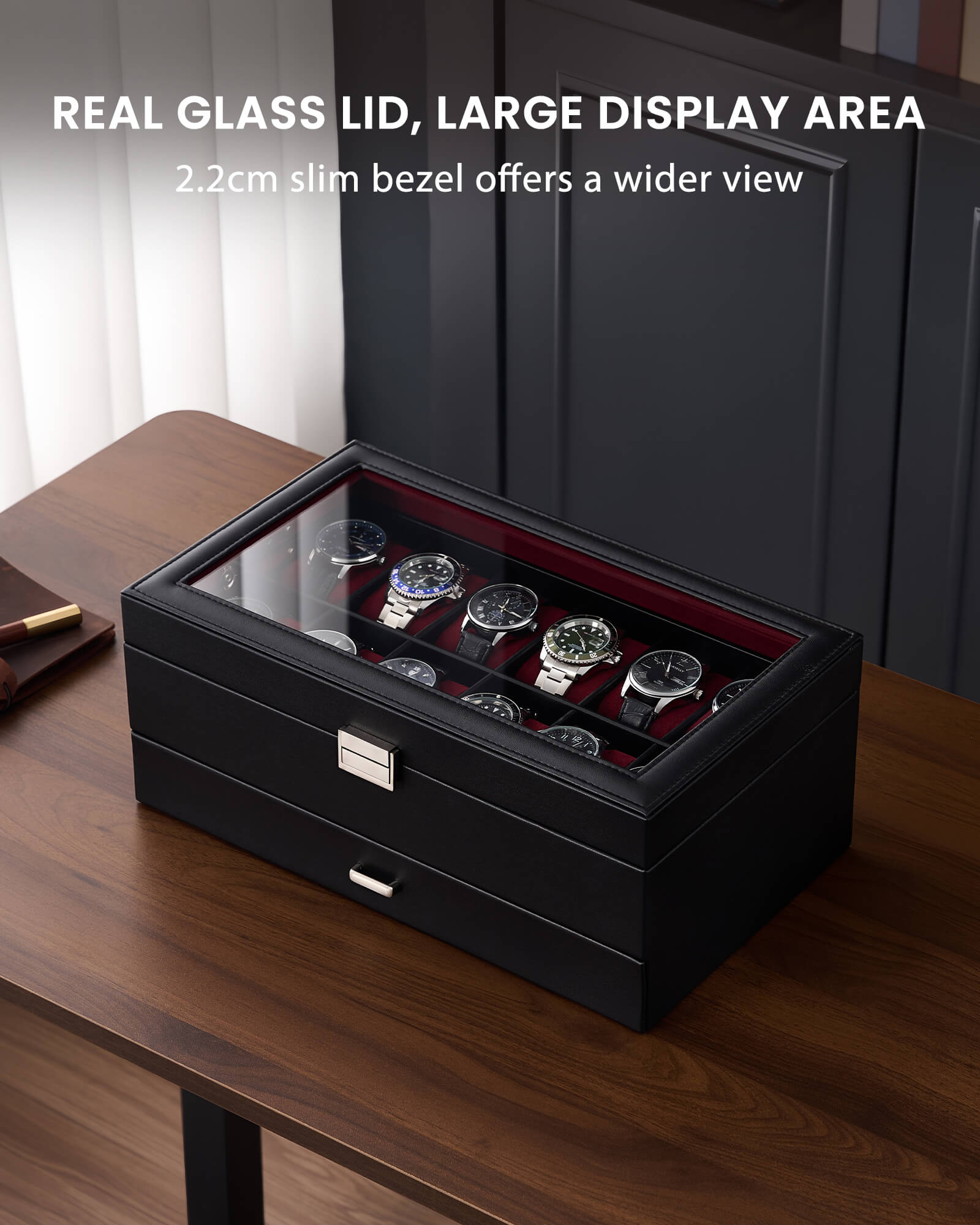 12-slot double-layer wine red watch organizer box with glass lid and storage drawer showing earring rack and necklace bars