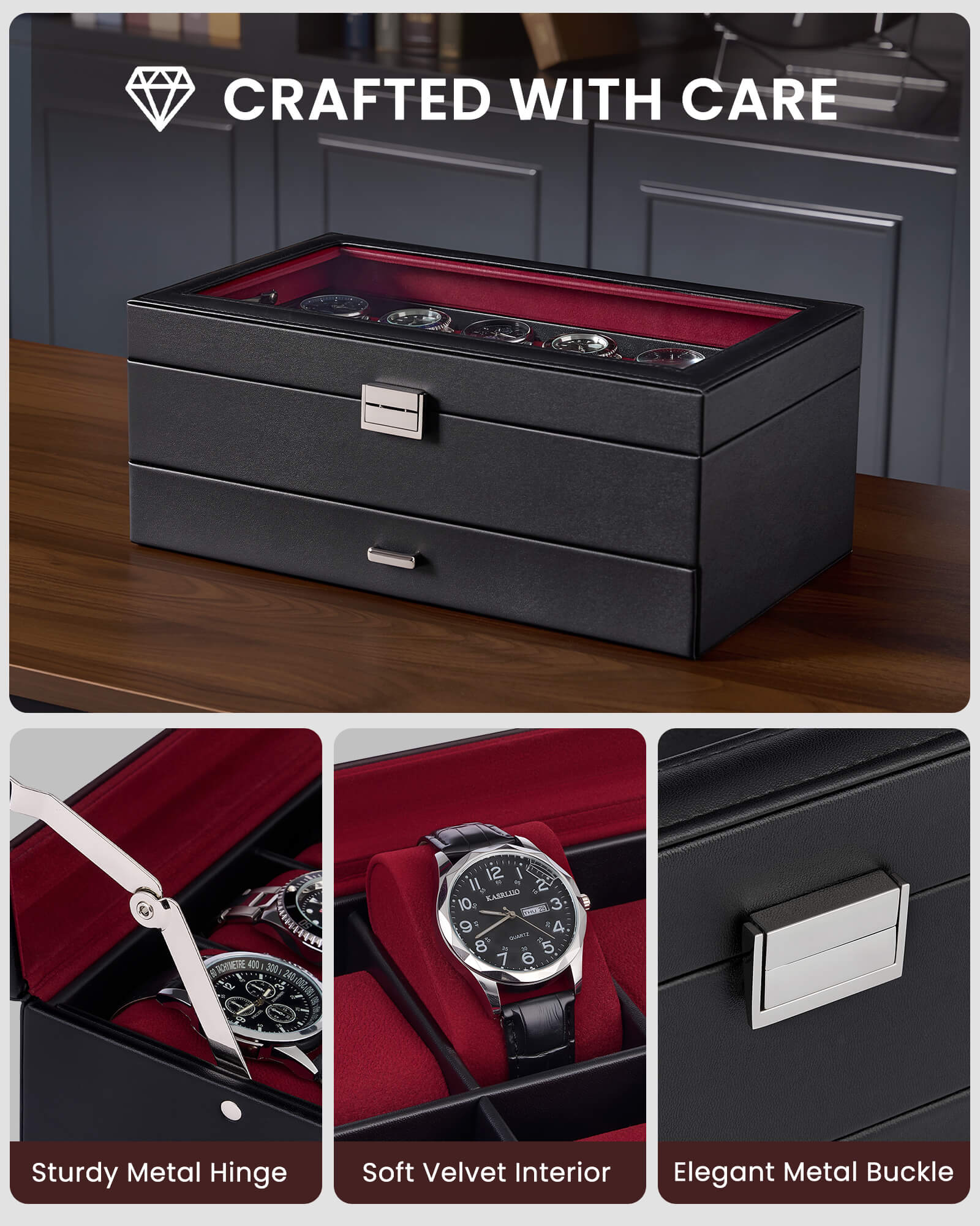 12-slot double-layer wine red watch organizer box with glass lid and storage drawer showing velvet ring tray
