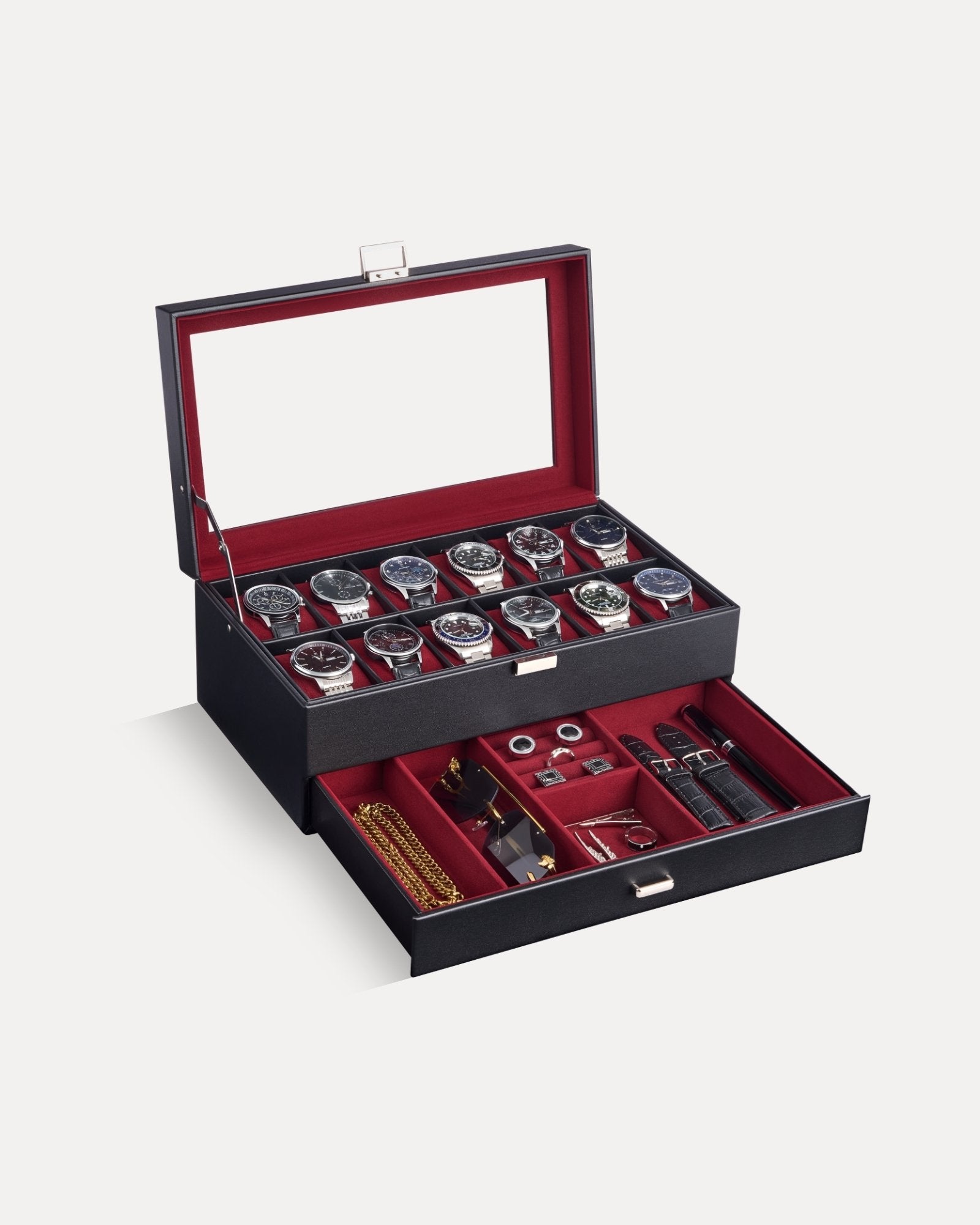 12-slot double-layer wine red watch organizer box with glass lid and storage drawer